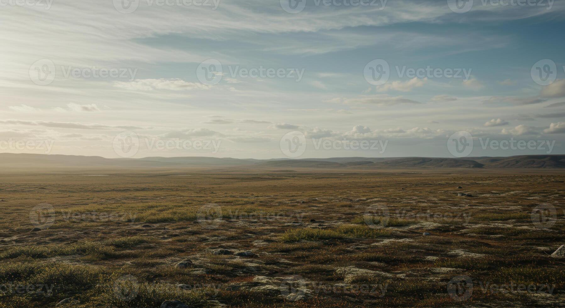 The expansive landscape displays a wide open plain under a beautiful sky filled with clouds. photo