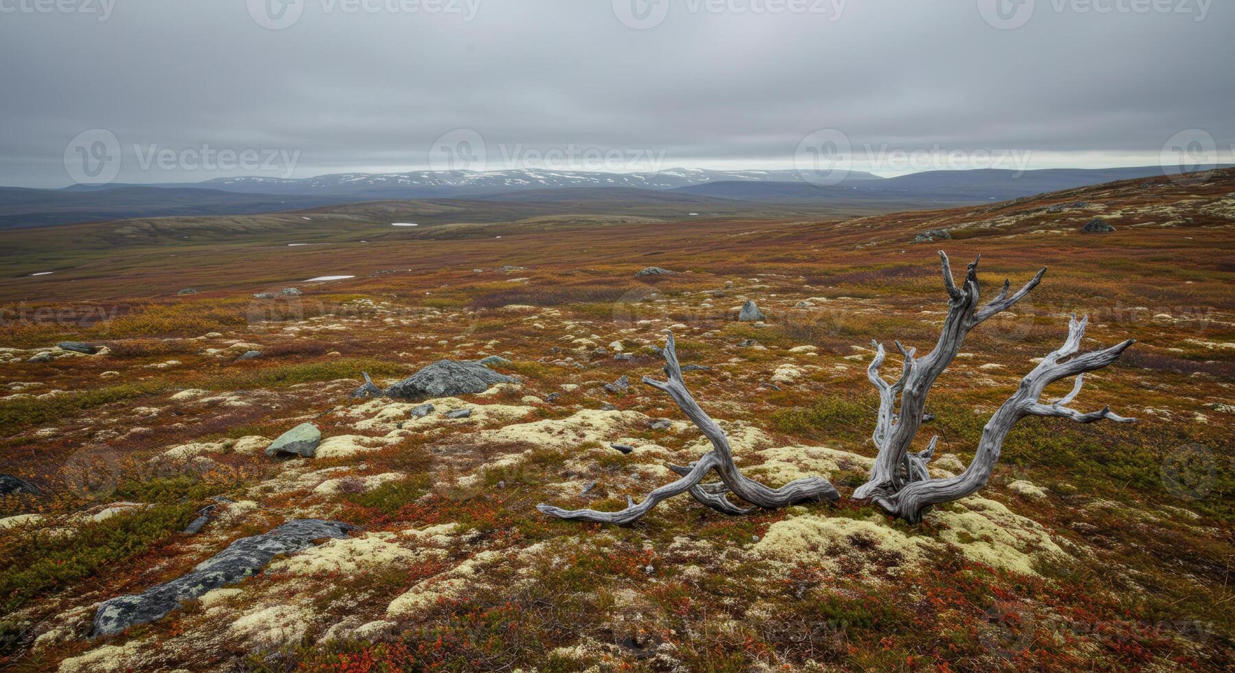 A stark and expansive view of a remote, barren landscape with weathered tree remains. photo