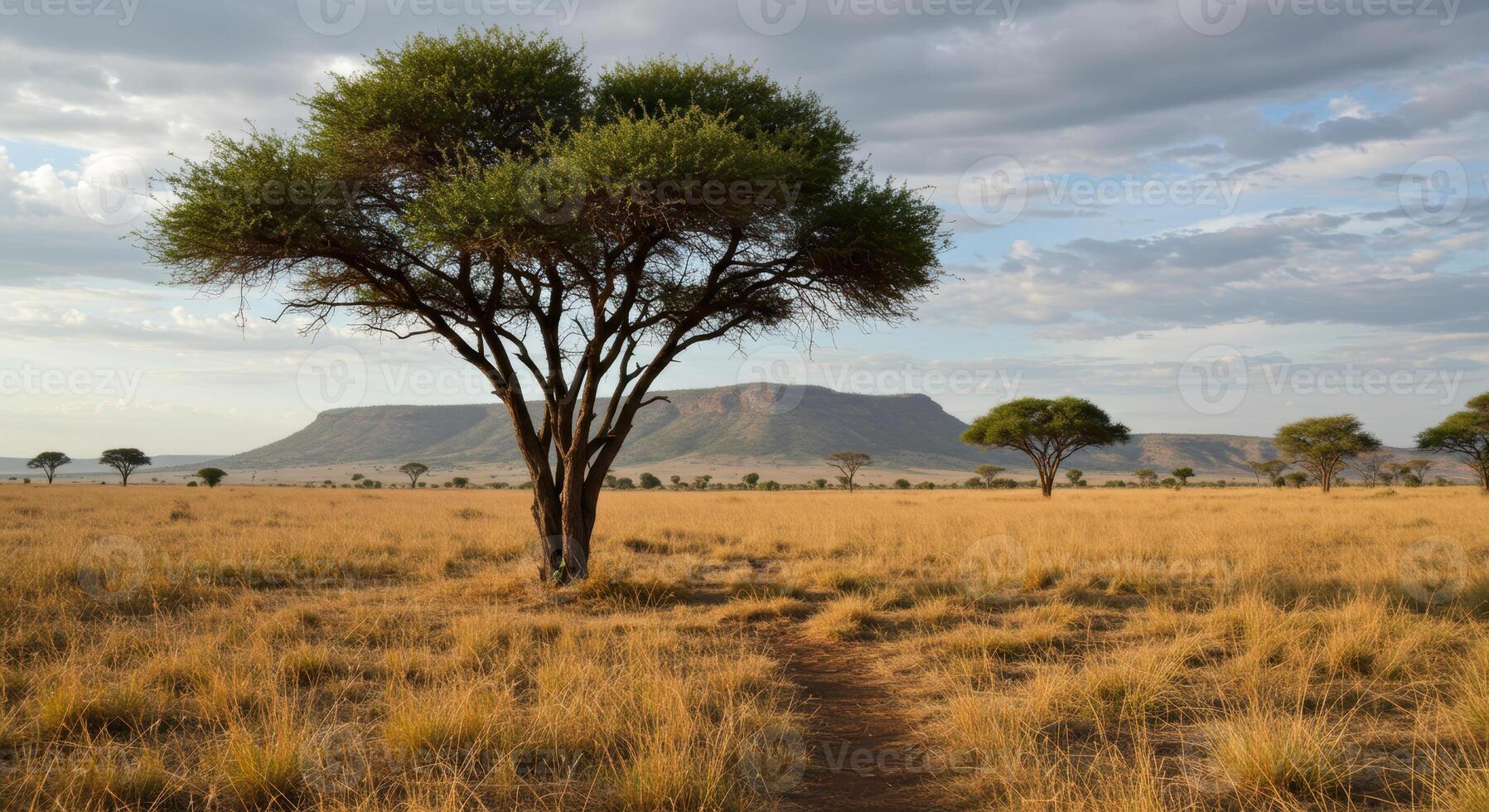 A wide landscape view of an acacia tree in the african savannah under a cloudy sky. photo