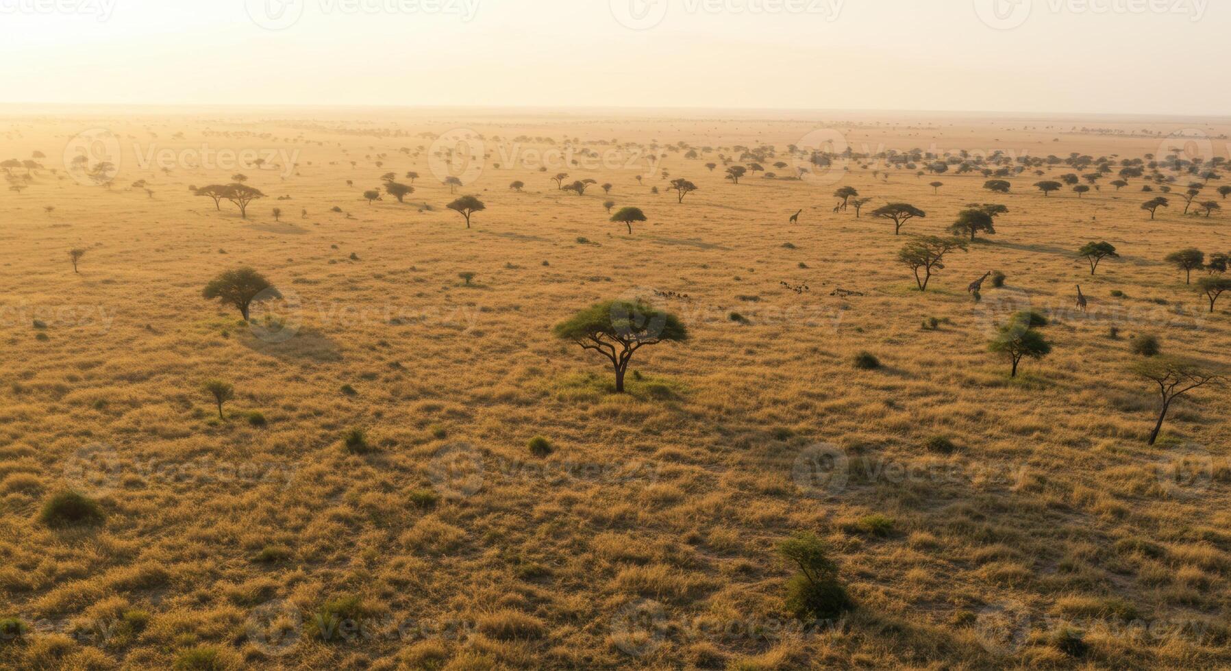 A wide aerial shot of the golden savanna landscape with scattered trees and wildlife. photo