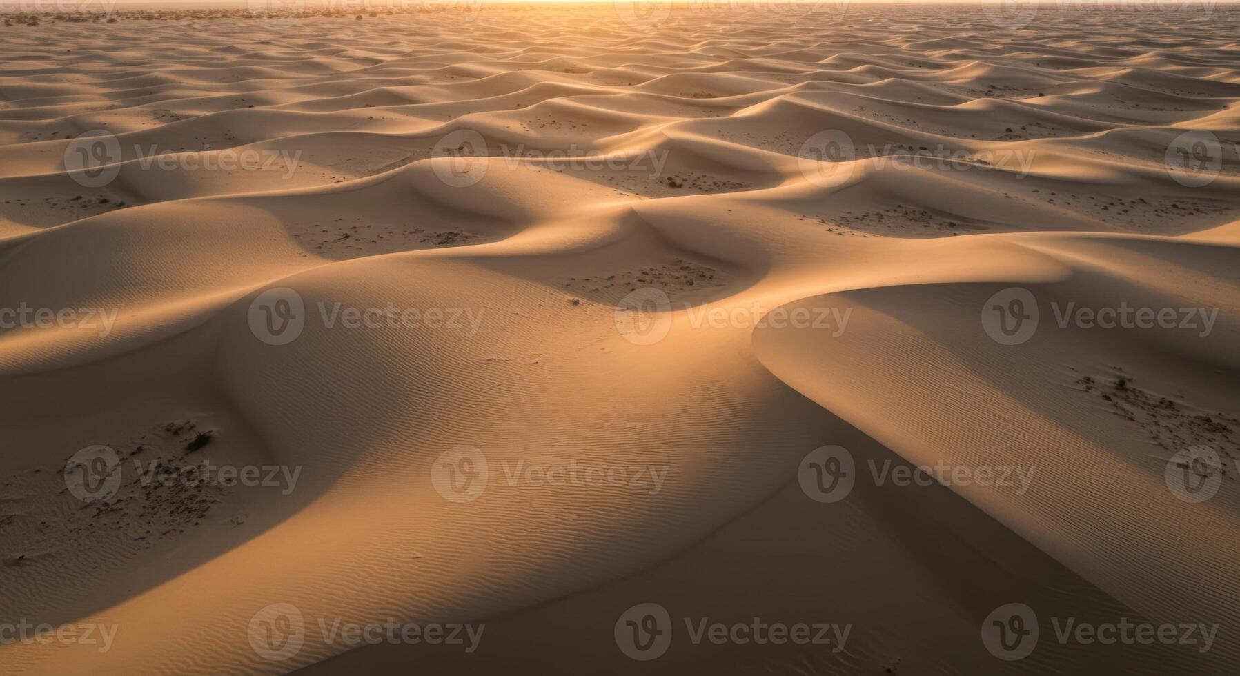 The undulating sand dunes of a desert landscape are illuminated by the warm glow of the setting sun. photo