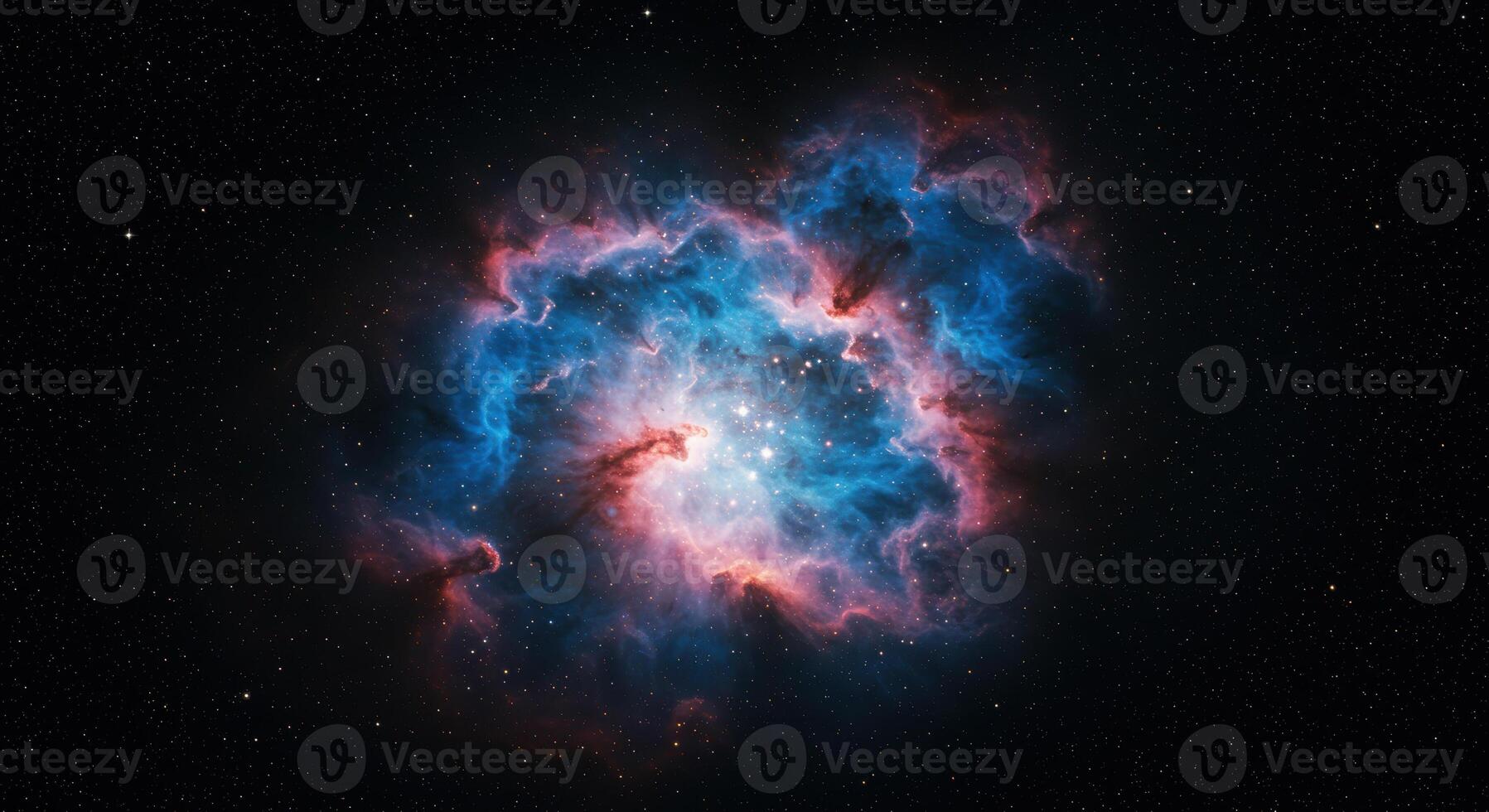 A stunning nebula displays vibrant hues of blue and red, set against a field of stars. photo