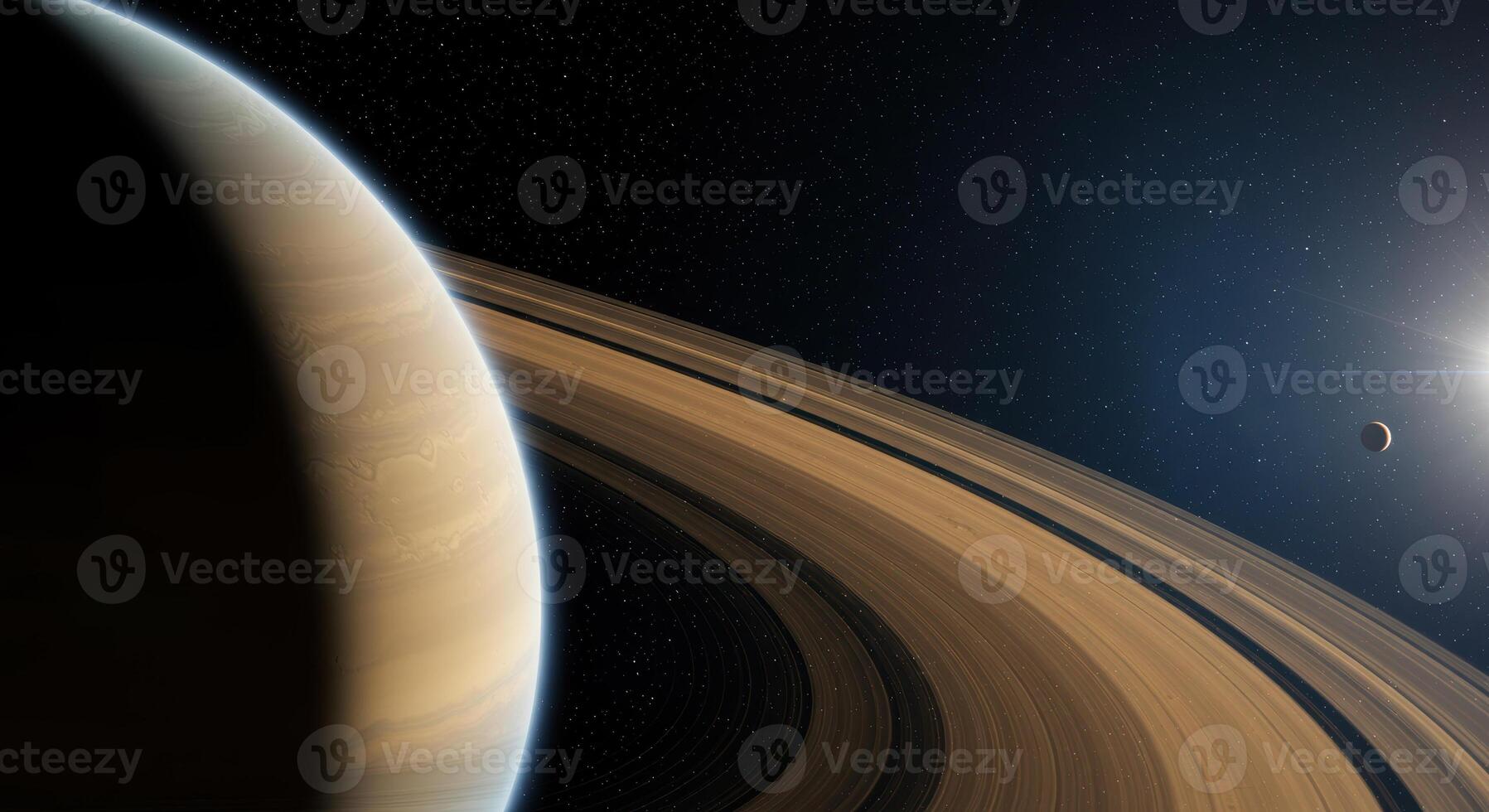 A breathtaking view showcases Saturn's rings, a celestial body, and a distant moon. photo