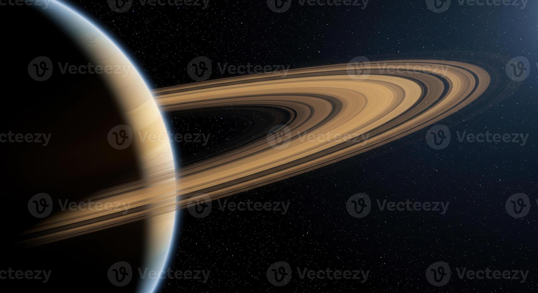 A stunning view of Saturn, a planet adorned with magnificent rings, in the vast cosmos. photo
