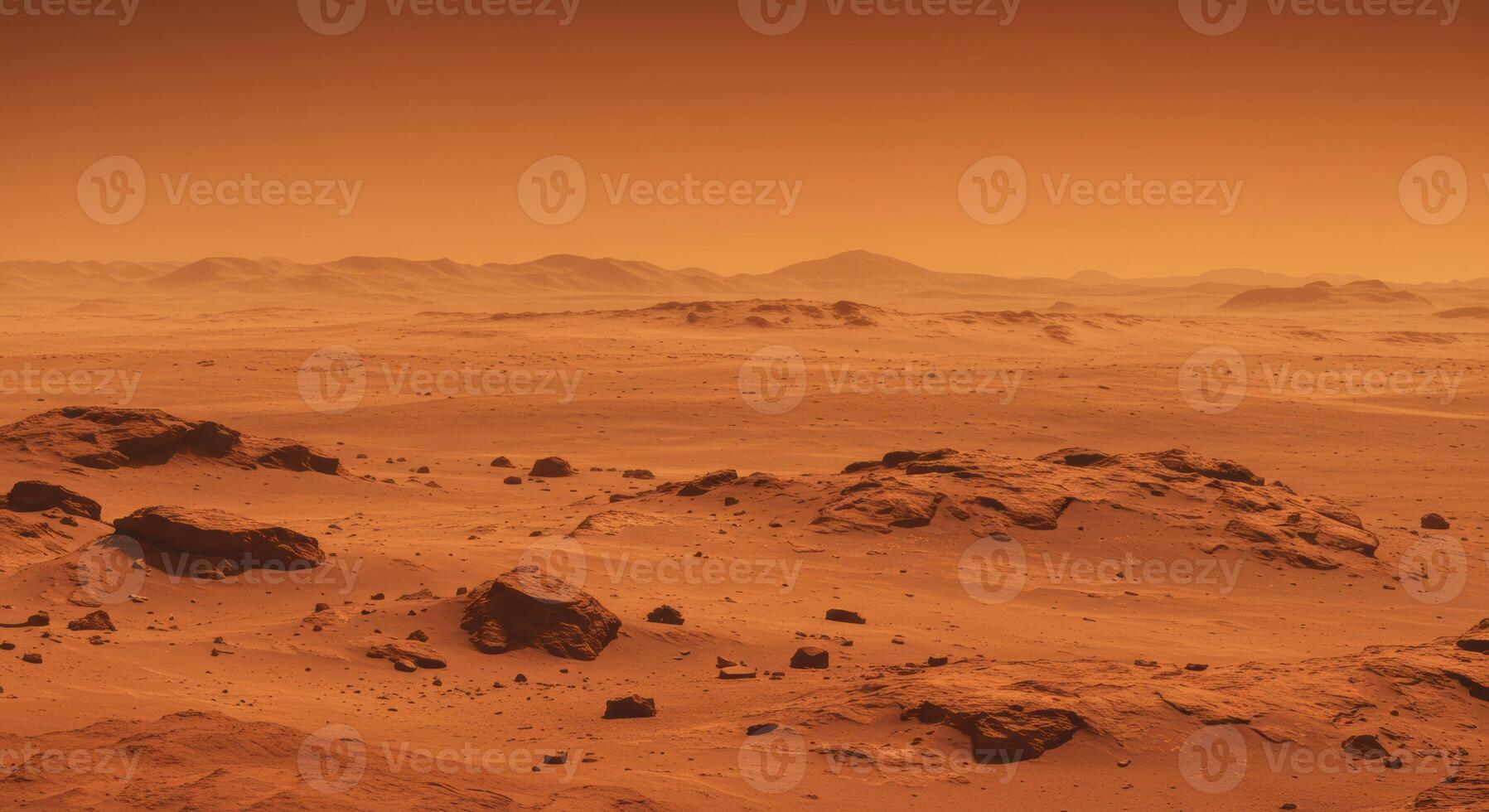 A scenic view of the red planet mars shows an arid, dusty terrain under a vibrant orange sky. photo