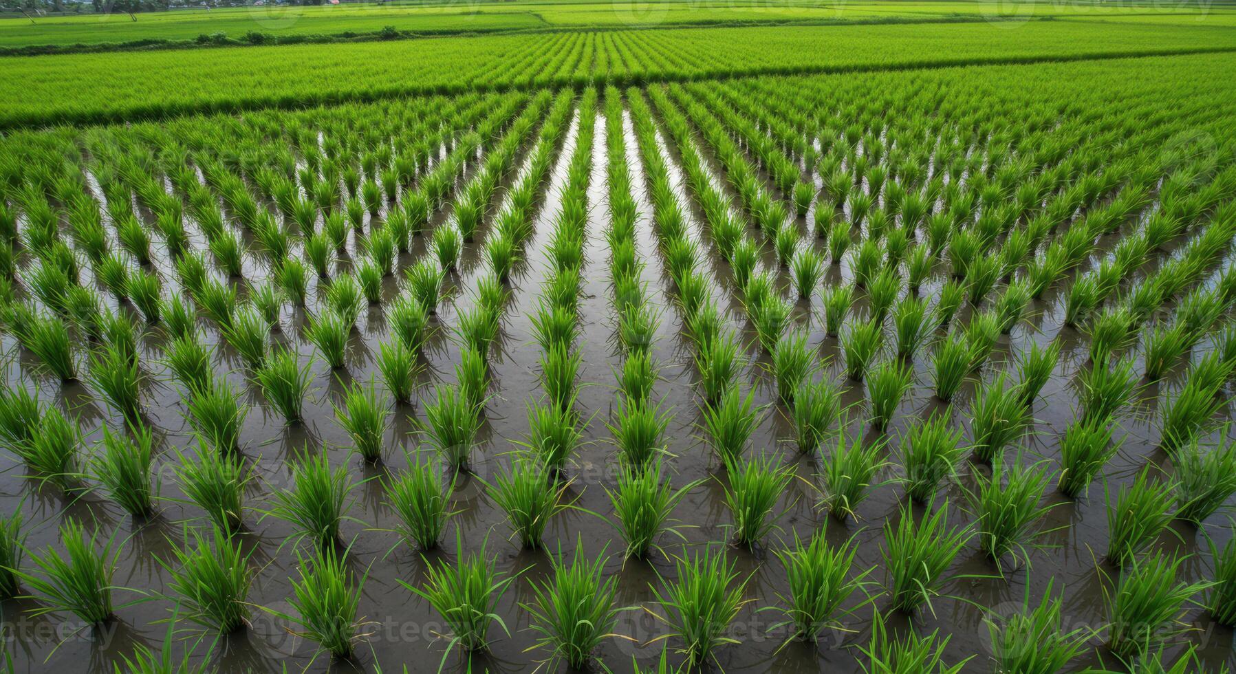 The meticulously arranged rice field, thriving with lush green plants under the sun. photo