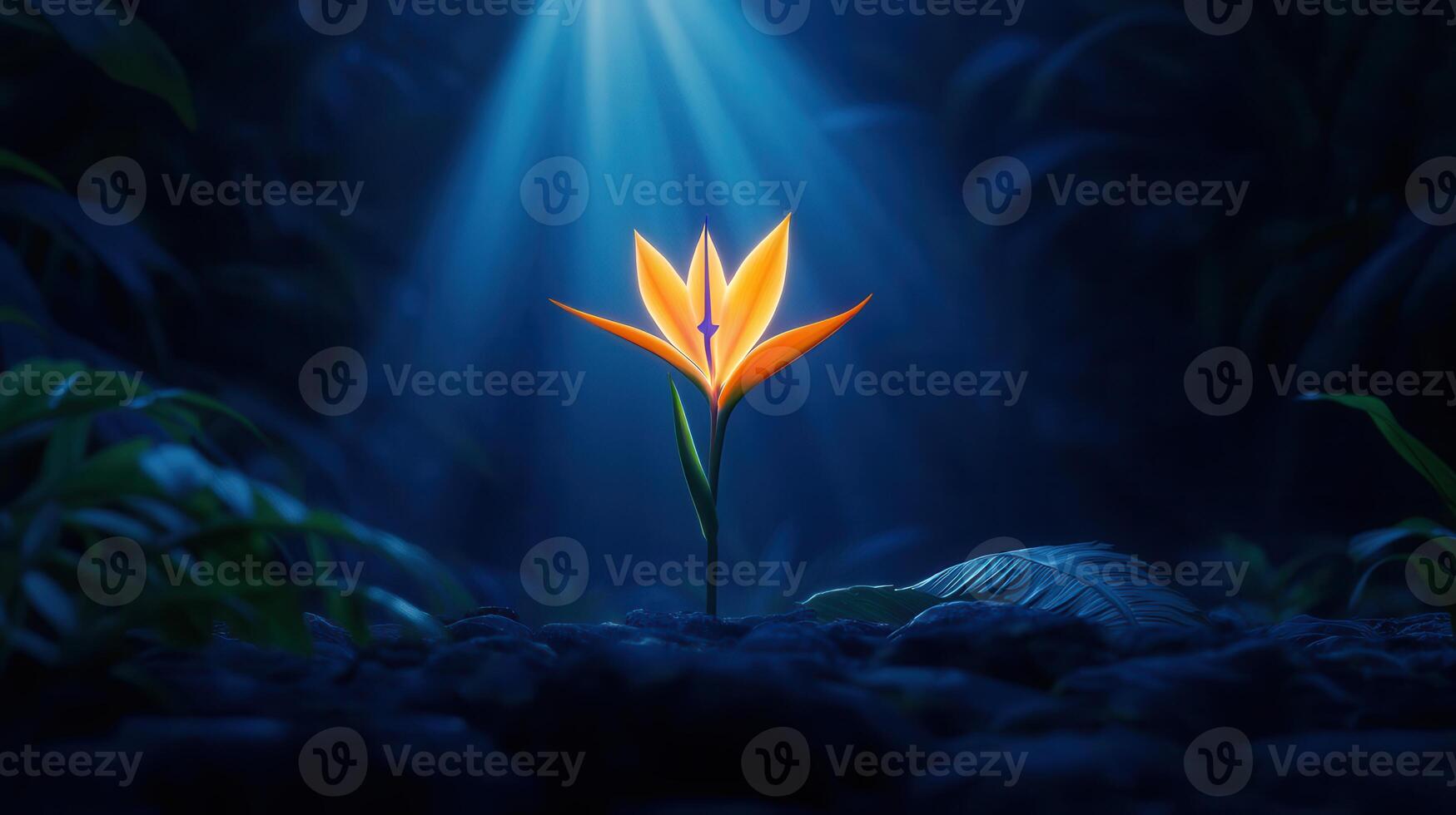 Illuminated Bird of Paradise Flower in Dark Tropical Night Setting A Single Exotic Bloom Glows Under Moonlight photo