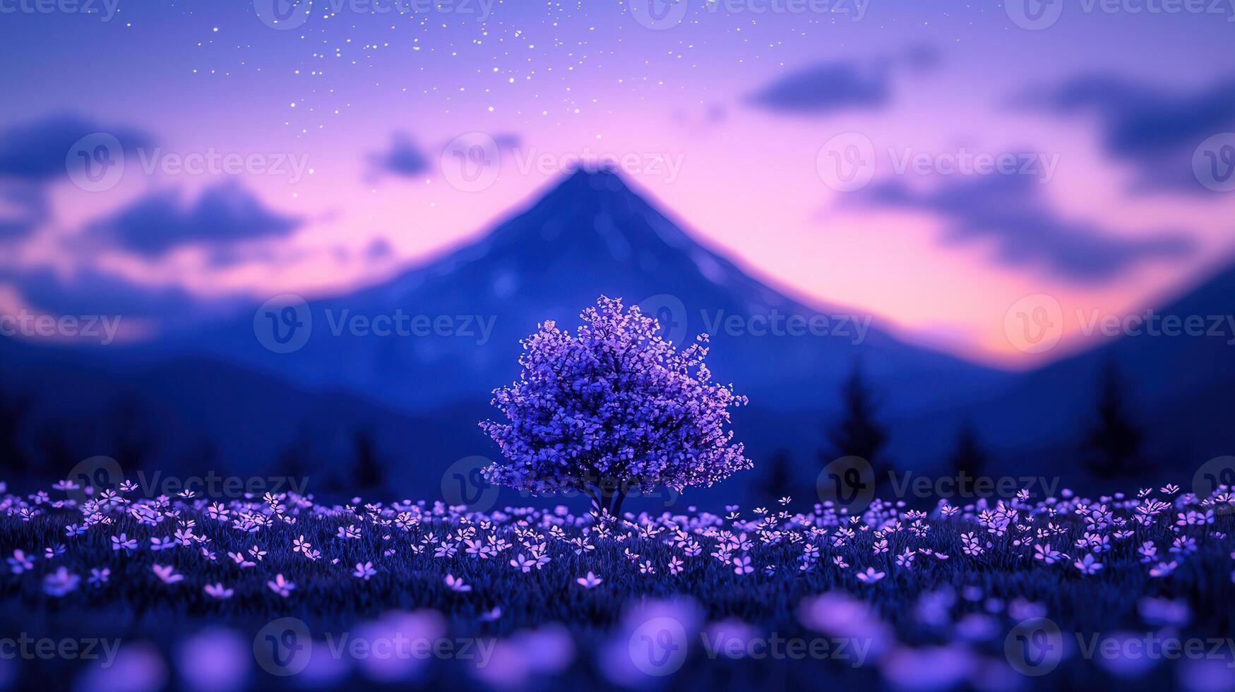 Serene Twilight Landscape Single Blooming Tree in Purple Flower Field with Mountain Sunset photo