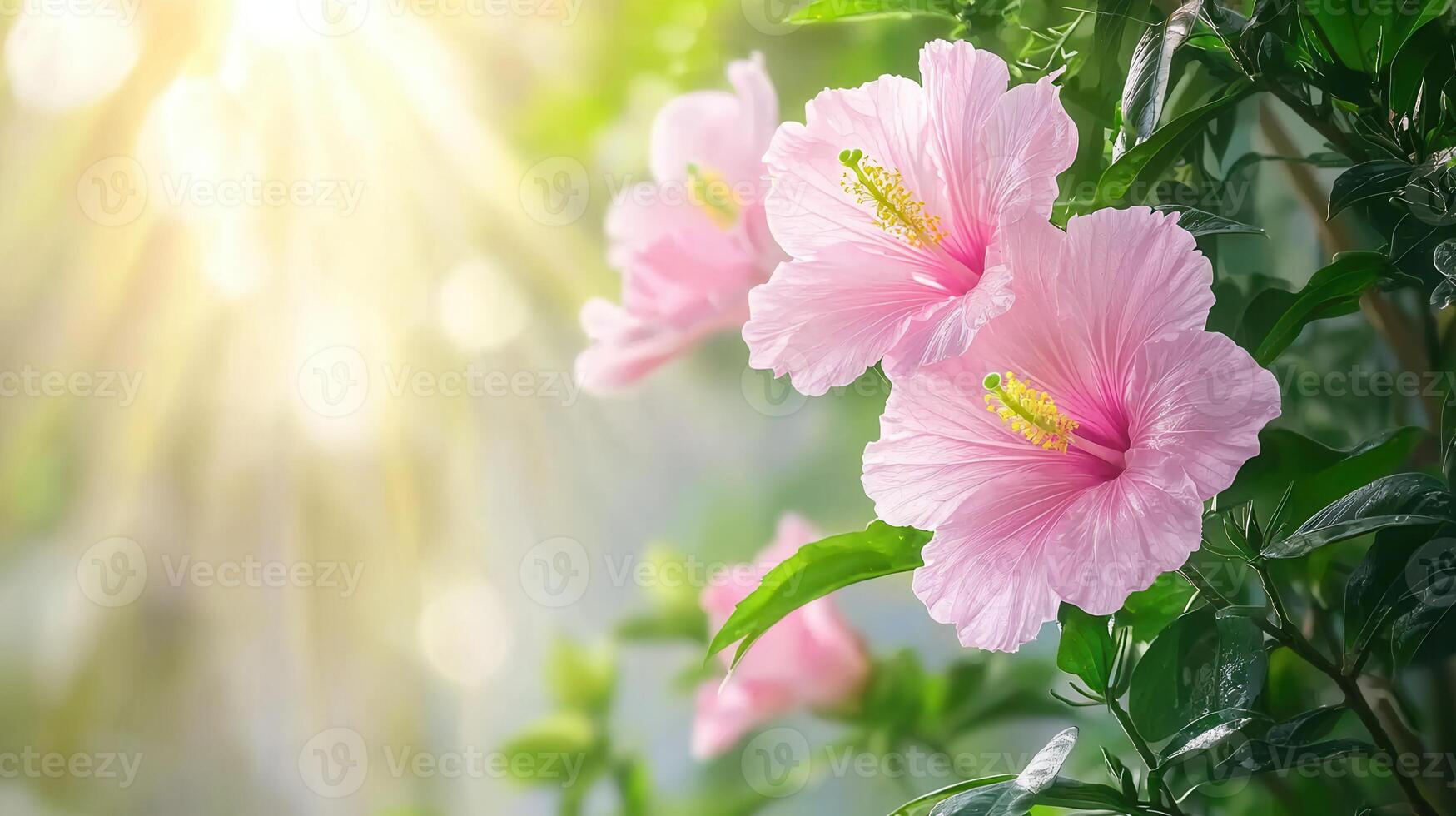 Delicate Pink Hibiscus Flowers Blooming in Sunlight Botanical Garden photo