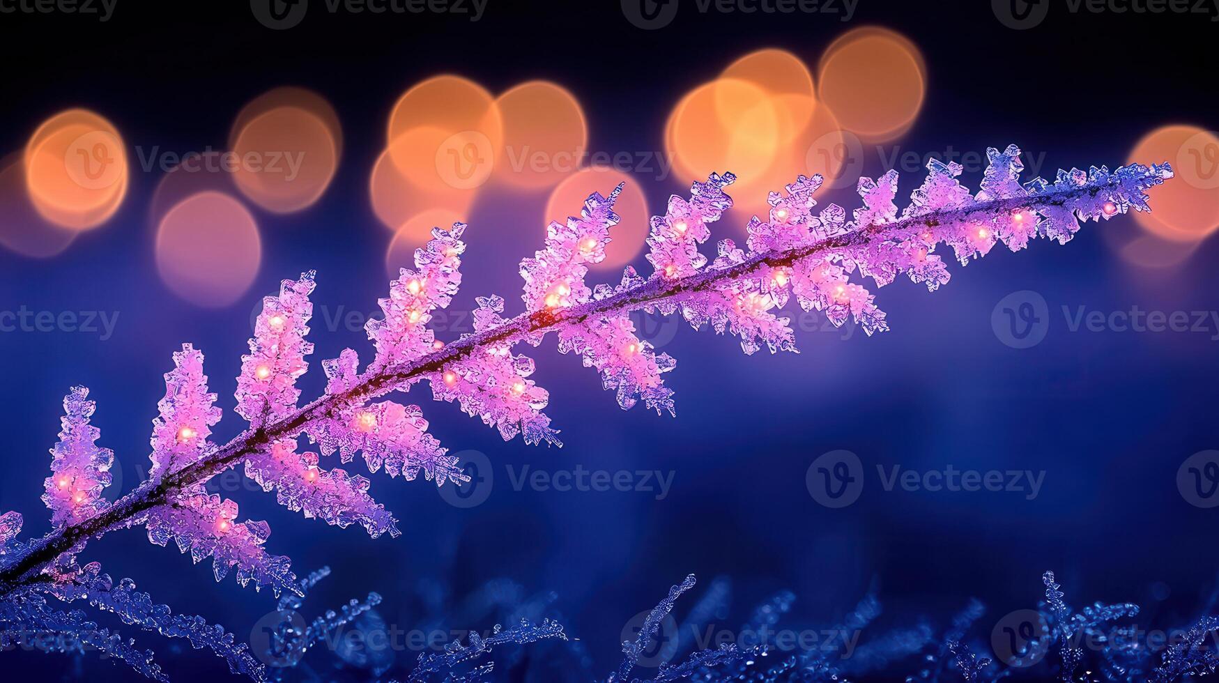 Enchanting Frost Covered Branch with Pink Lights Winter Wonderland Scene Magical Night photo