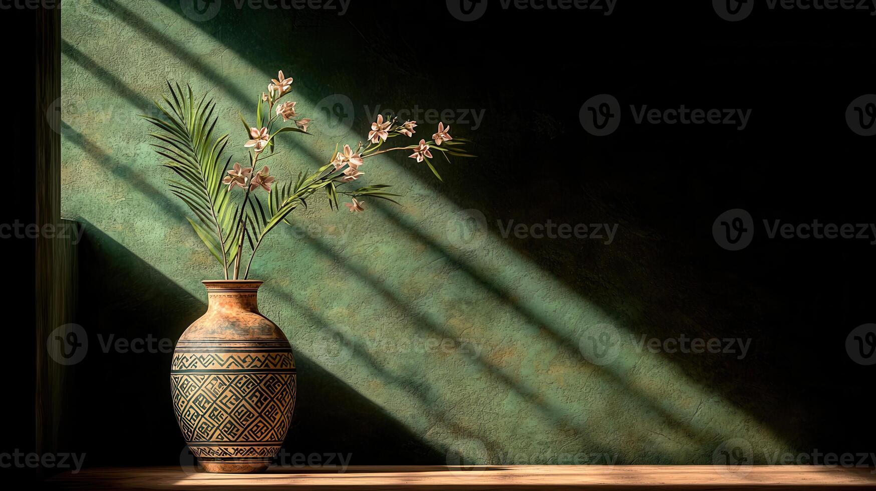 Elegant Pink Flowers in a Decorative Vase Illuminated by Sunlight Against a Dark Green Wall photo