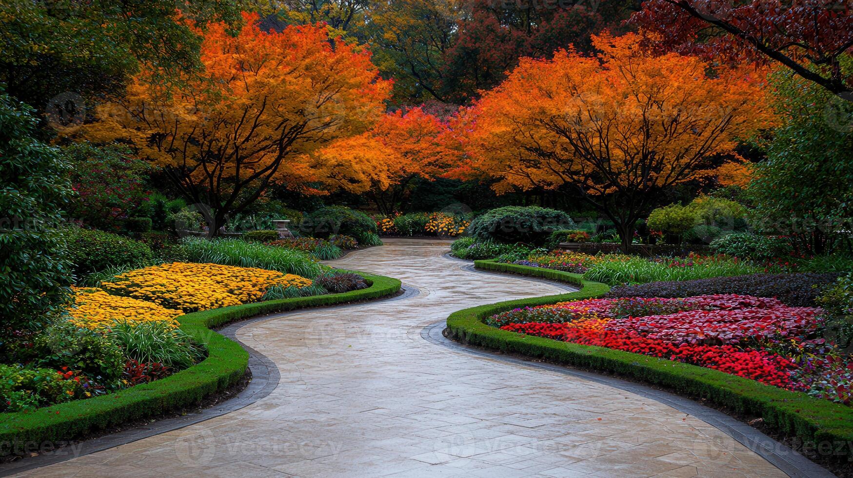 Serene Autumn Garden Path Winding Walkway Through Colorful Landscape with Vibrant Fall Foliage photo
