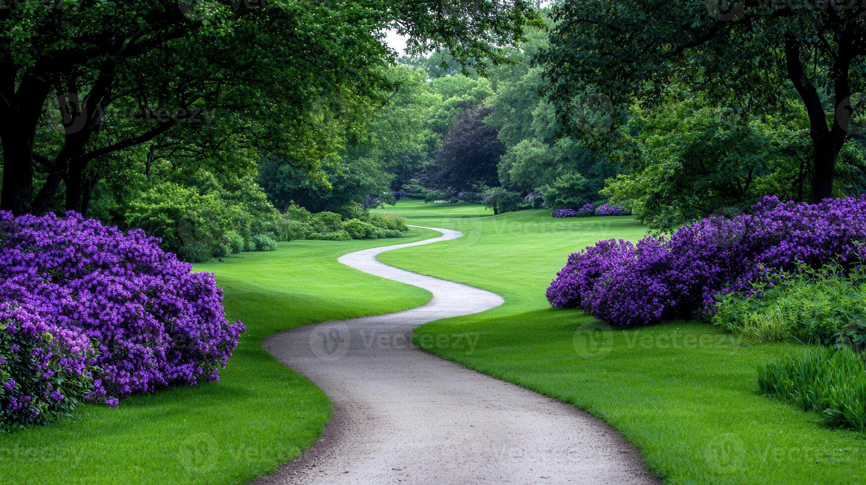 Serene Winding Path in Lush Green Park with Vibrant Purple Flowers A tranquil garden scene perfect for relaxation photo