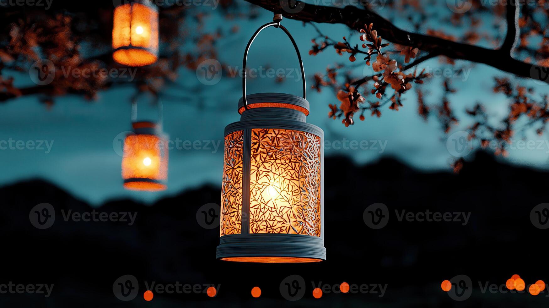 Illuminated Lanterns Hanging on a Tree Branch at Dusk Serene Night Scene photo
