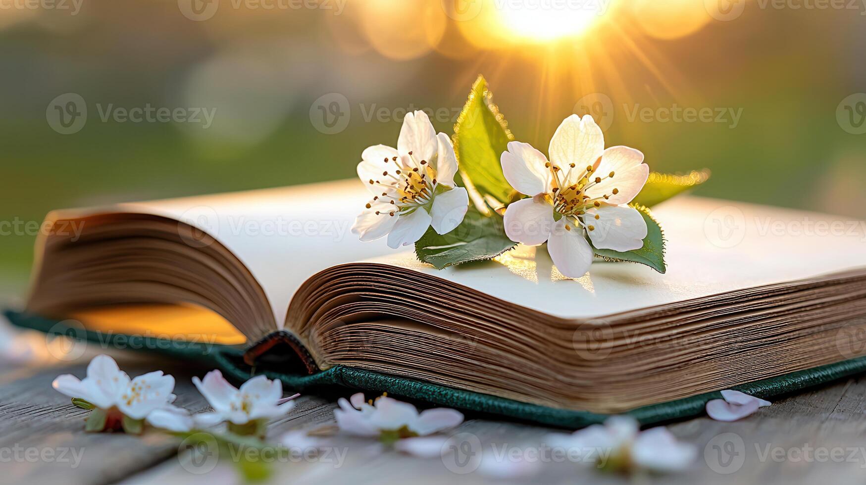Open book with delicate spring blossoms bathed in warm sunlight a peaceful springtime reading scene photo