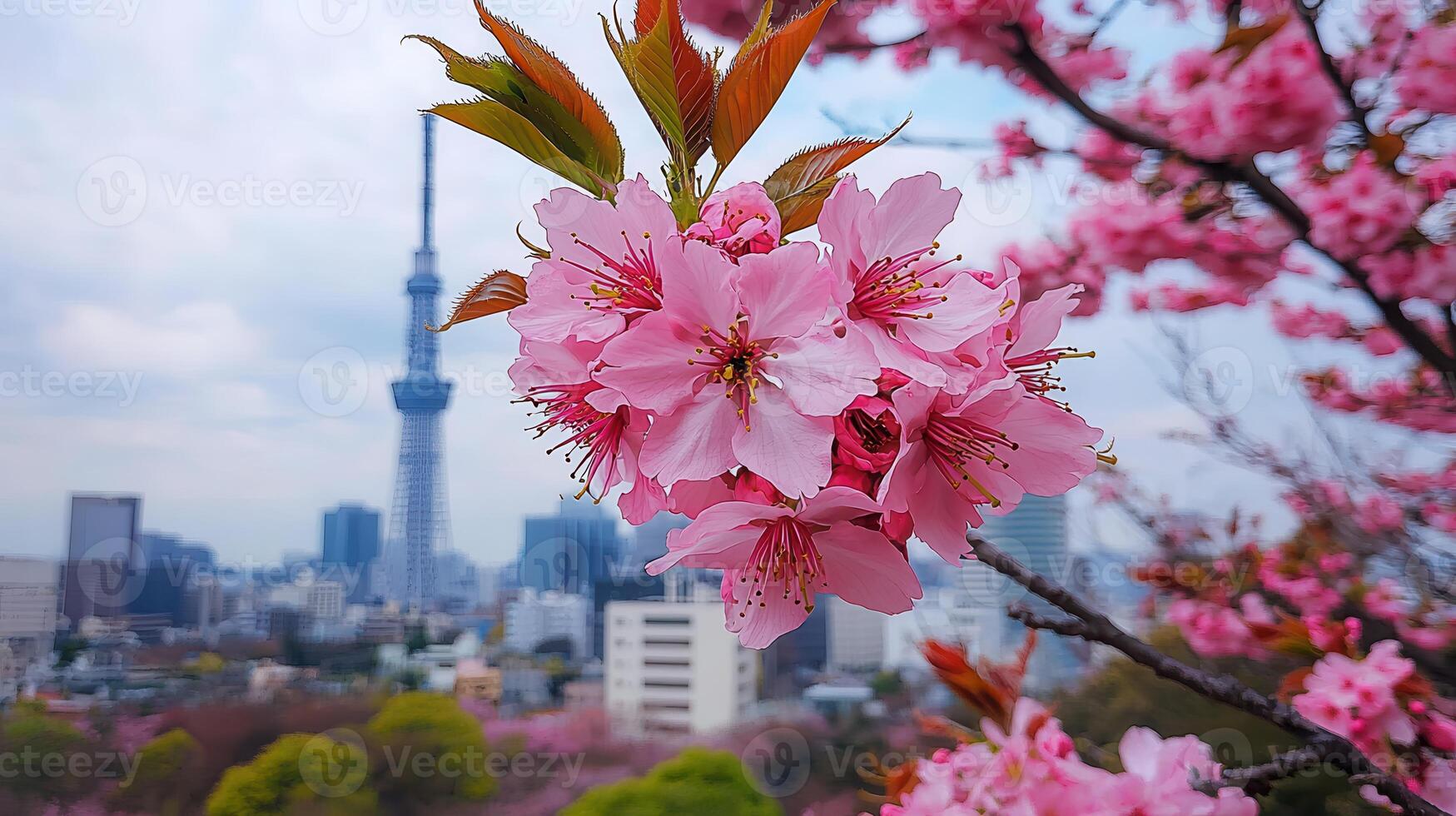 cherry blossoms in front of the tokyo skyline photo