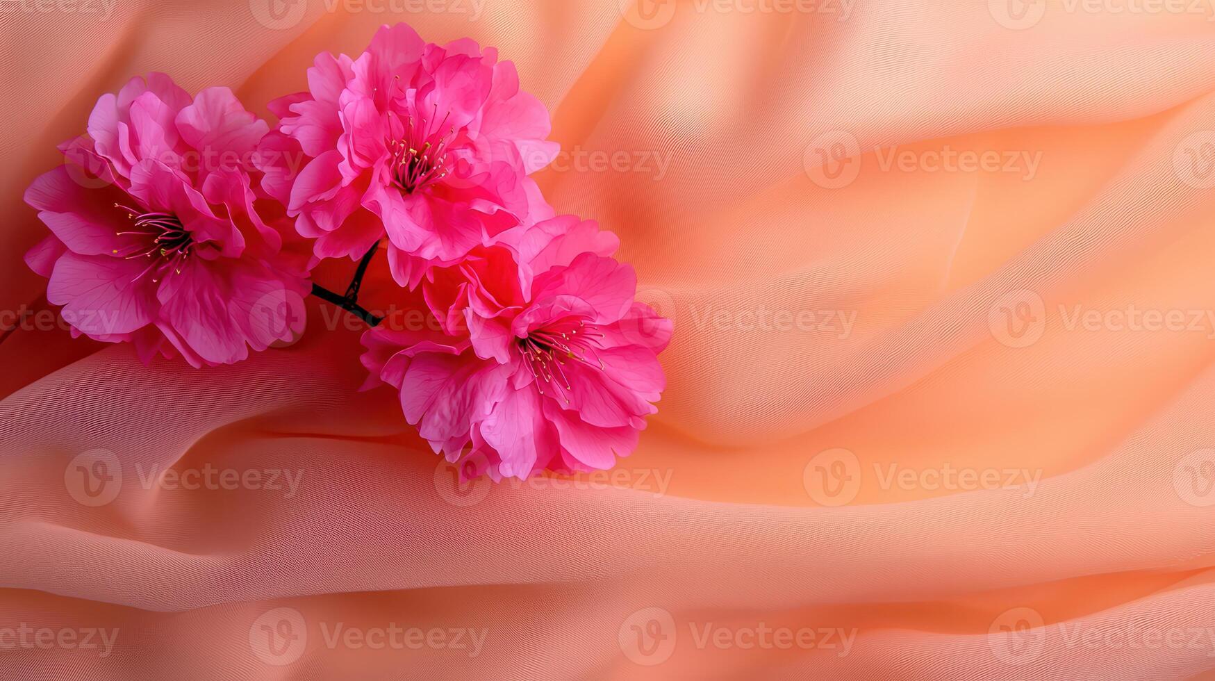 Delicate Pink Flowers Resting on Peach Colored Fabric Soft Background Texture photo
