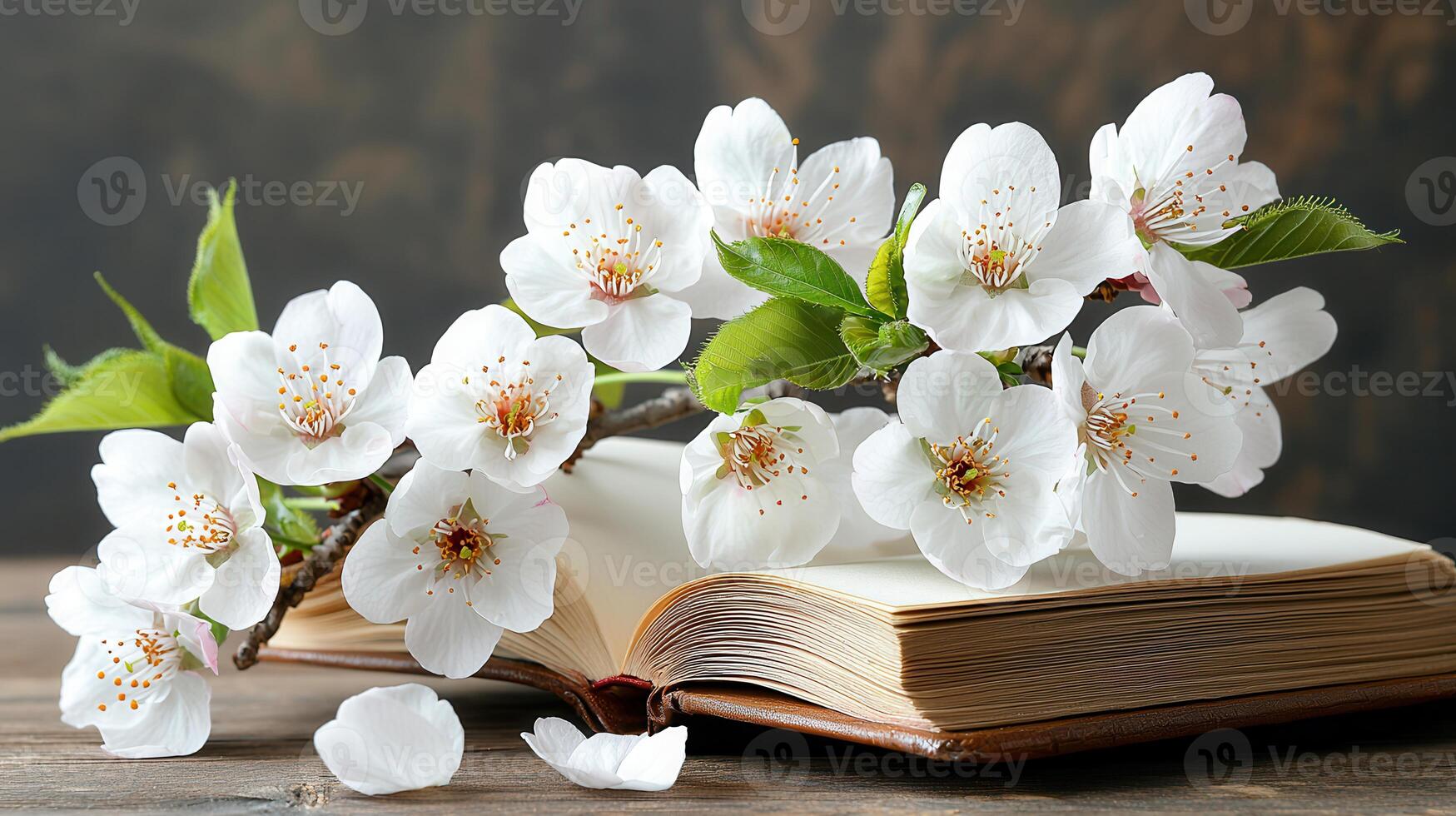 Spring Blossoms Resting on an Open Book White Flowers and Springtime Reading photo