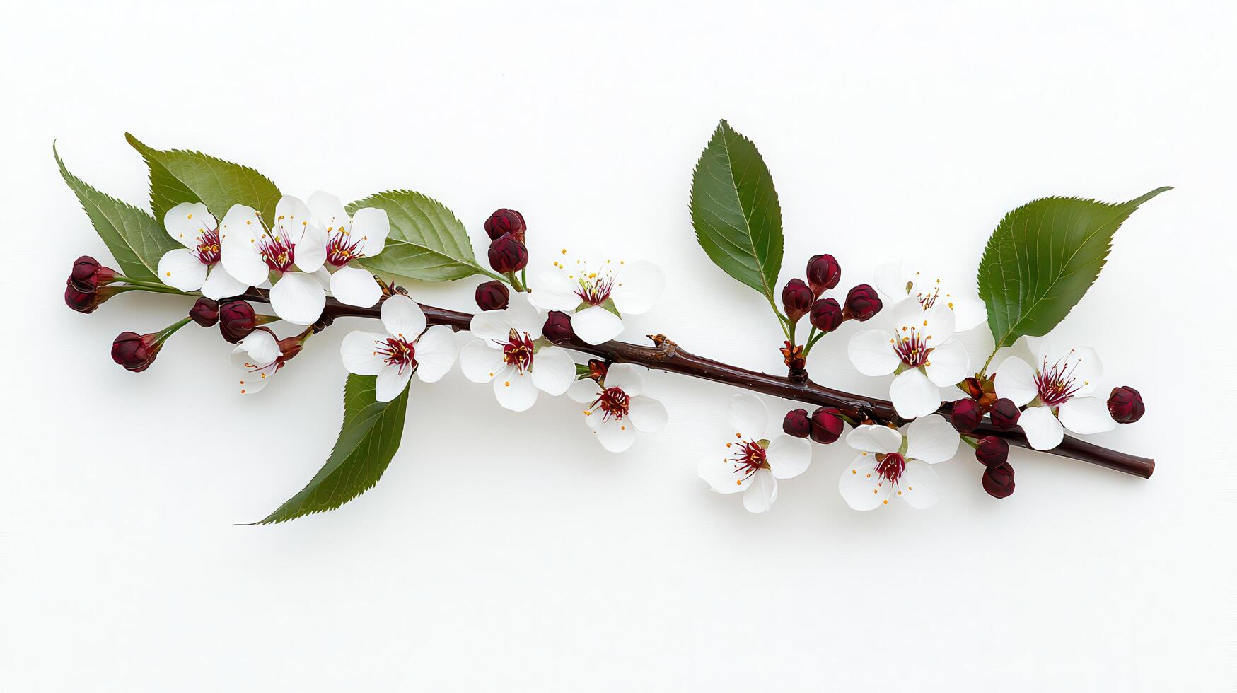 Delicate Spring Blossoms White Cherry Branch with Dark Buds on White Background photo