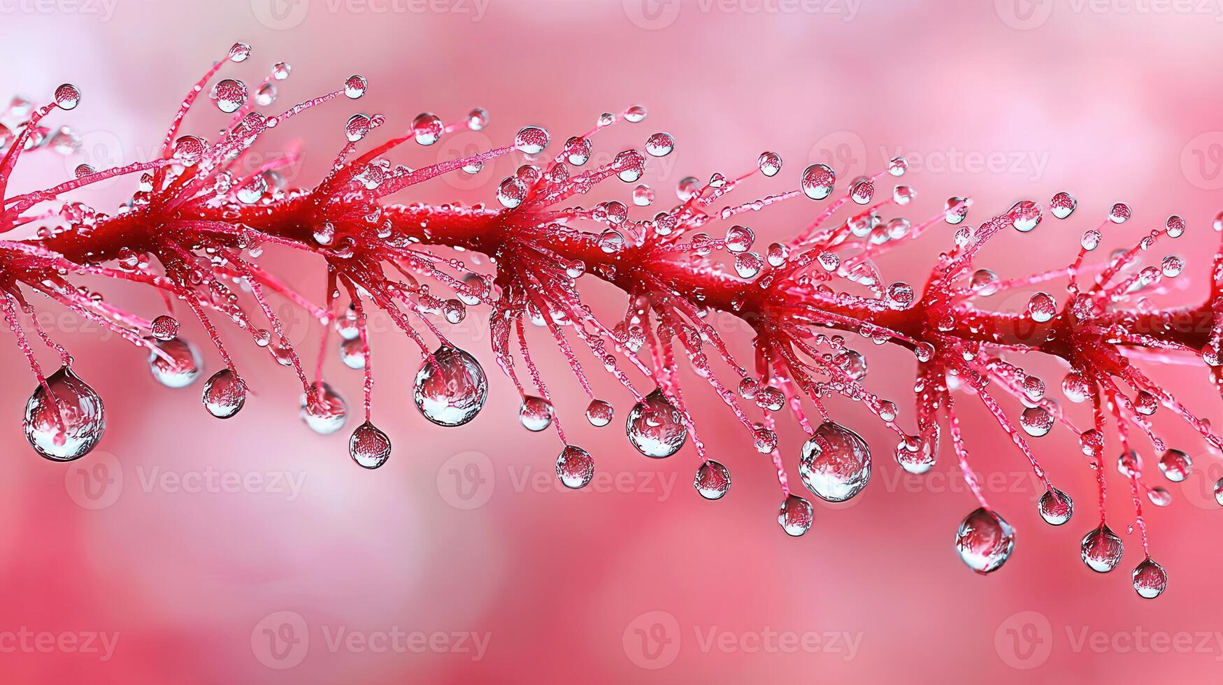Close up shot of dew drops on a vibrant red plant branch nature macro photo
