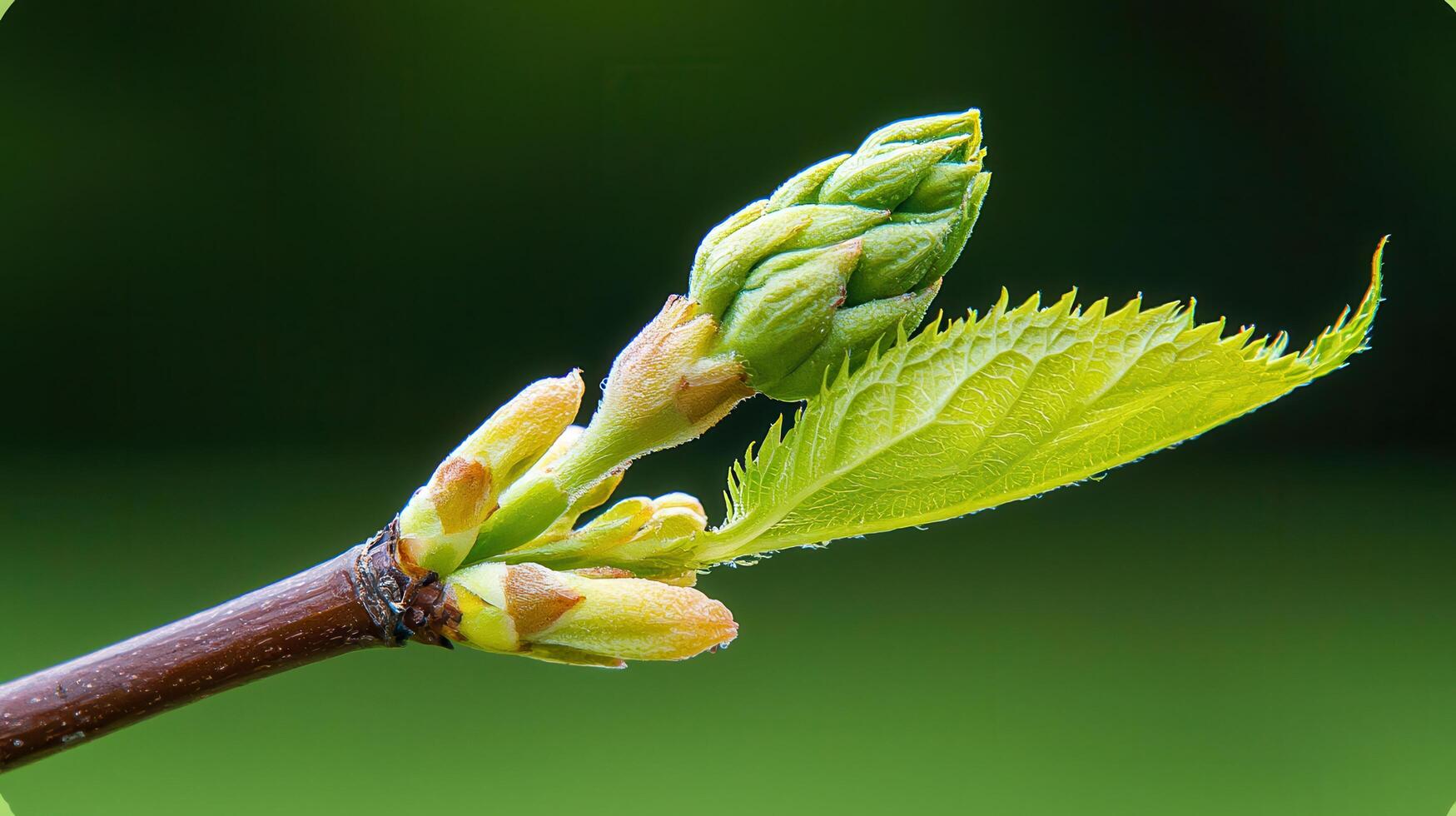 Close up of vibrant new spring leaves and buds emerging on a branch Nature's renewal and growth showcased in detail photo