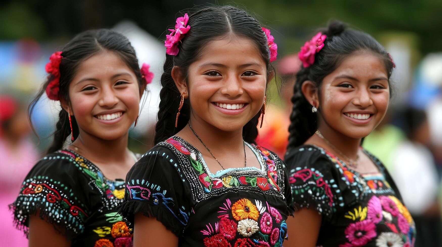 Happy young Latin American girls in traditional embroidered clothing smiling outdoors photo