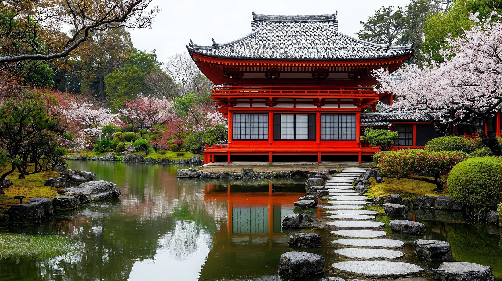 Serene Japanese Garden with Red Pavilion Pond and Stepping Stones in Spring photo