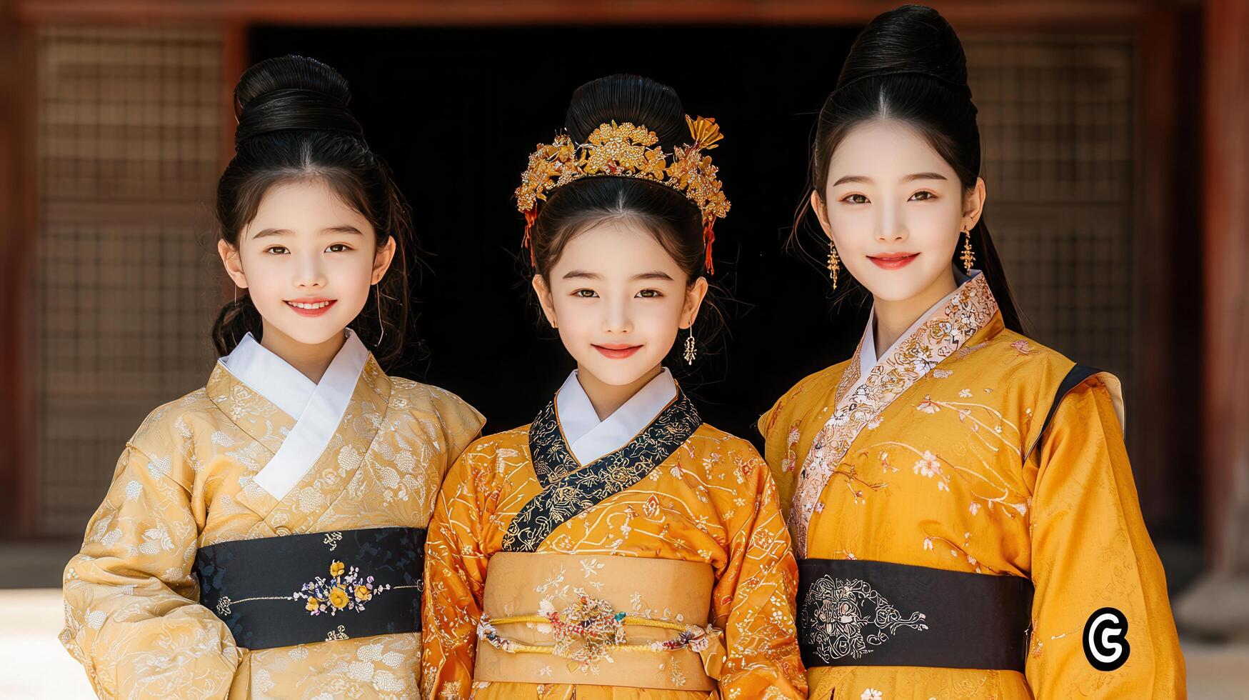 Three Young Girls in Traditional Asian Hanfu Dresses Posing Gracefully Outdoors photo