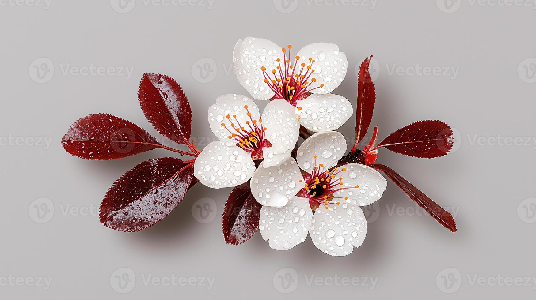 Delicate White Flowers with Dew Drops on Dark Red Leaves Stunning spring blossom close up photo