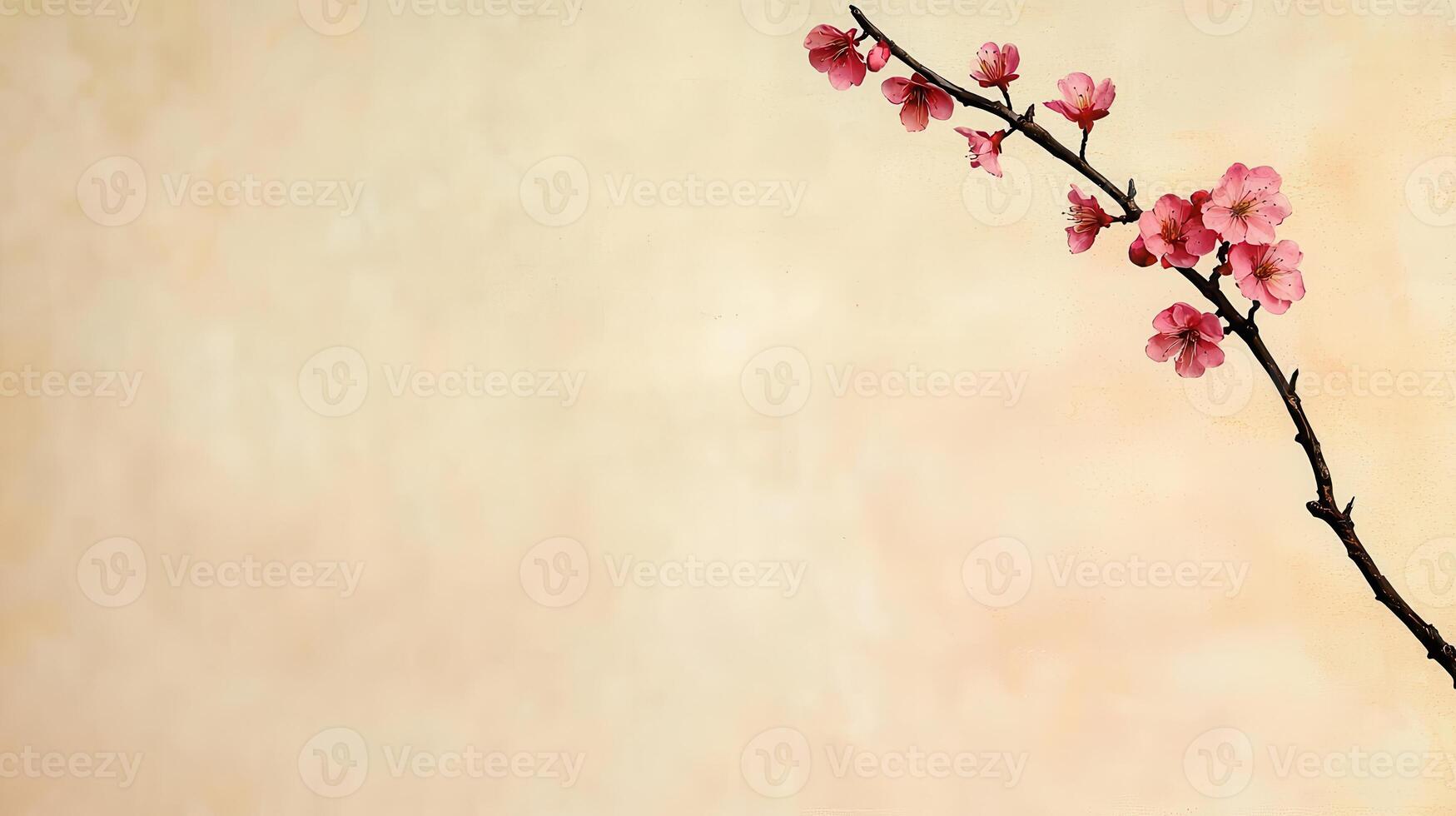 Delicate Pink Blossom Branch Against a Soft Beige Background Perfect for Spring Designs or Cards photo