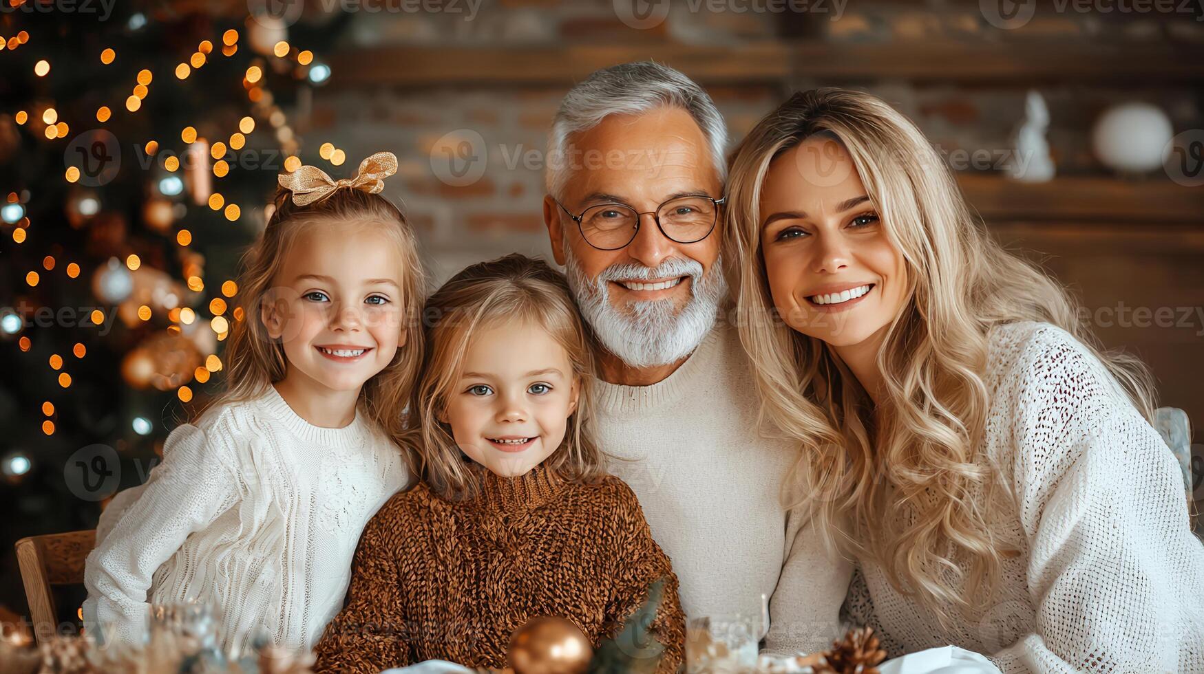 Happy family portrait near Christmas tree grandparents with two smiling granddaughters photo