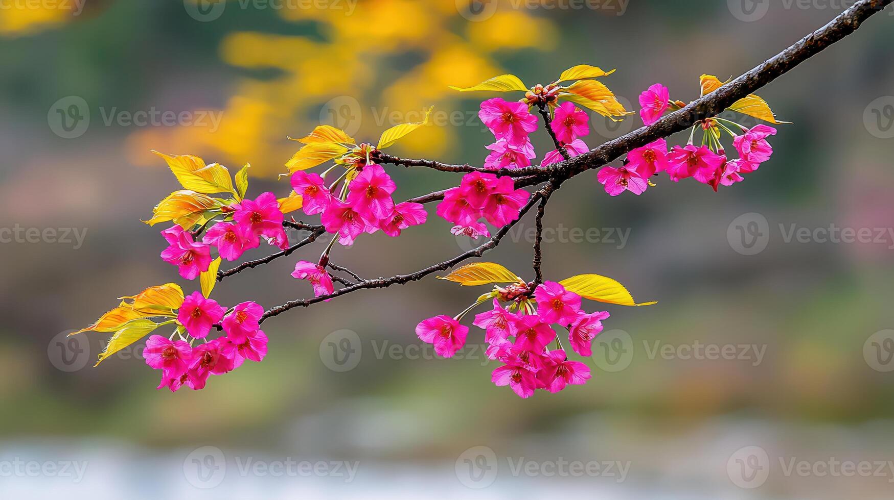 Vibrant Pink Cherry Blossoms Branch with Yellow Leaves in Springtime Nature photo