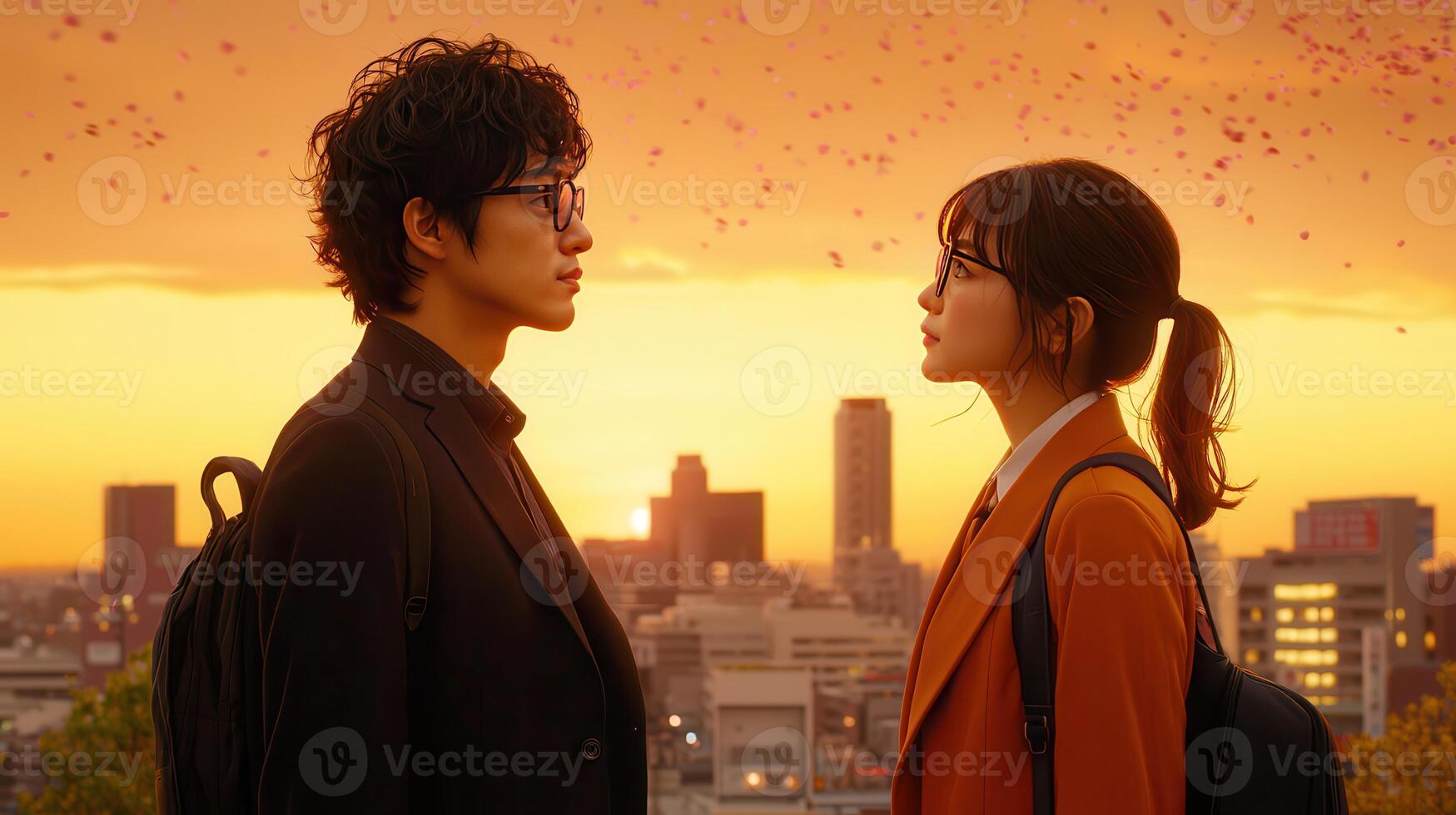 Young Couple Gazing at Sunset Cityscape Romantic Asian Teenagers Backpacks Golden Hour photo
