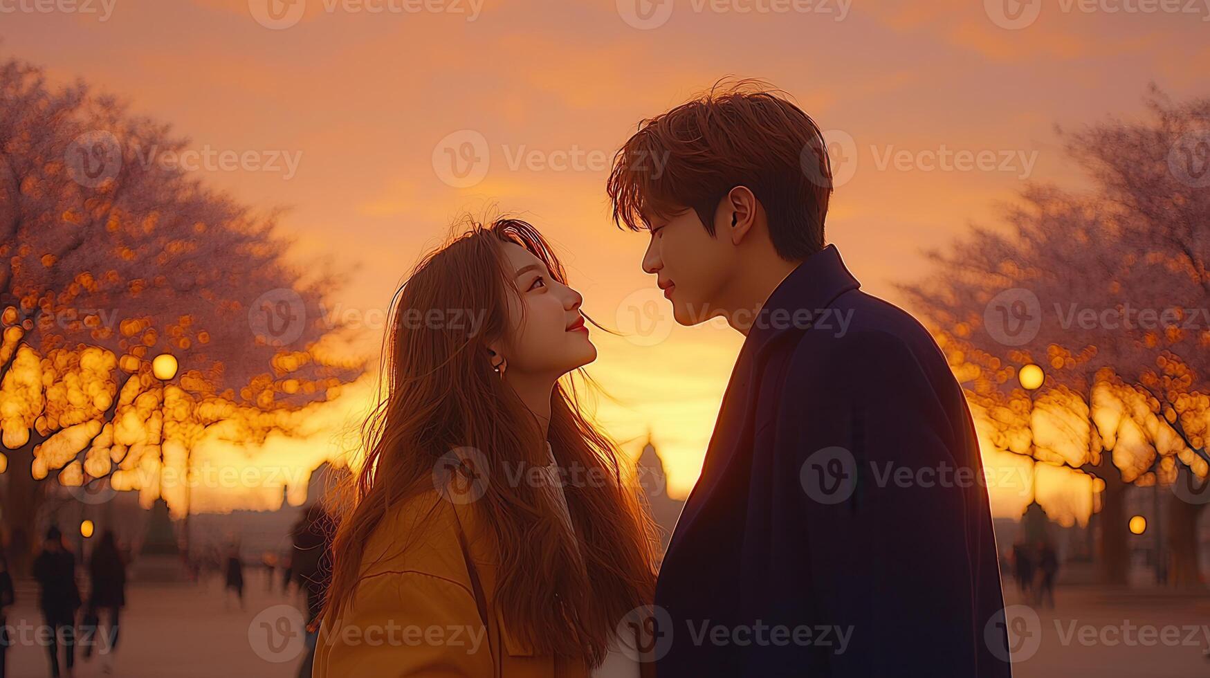 Young Couple Romantic Sunset Embrace Under Cherry Blossoms Springtime Love photo