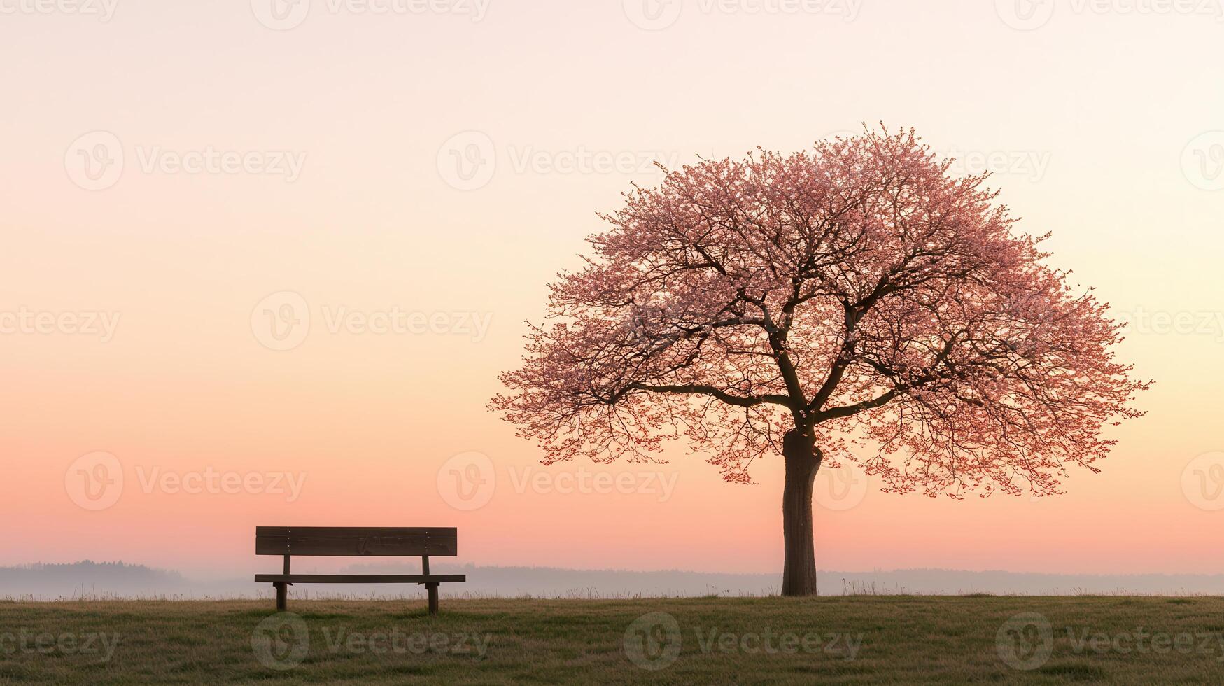 Serene Sunrise Peaceful Bench near a Blooming Tree in a Tranquil Field photo