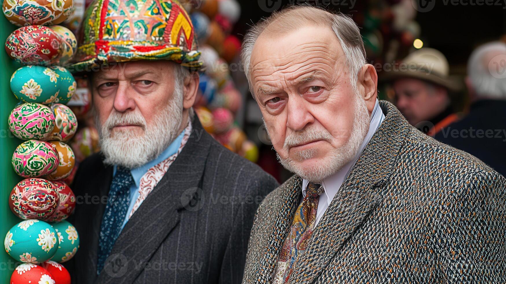 Two senior men one wearing a decorated hat stand near Easter eggs A charming candid moment captured at an outdoor event photo
