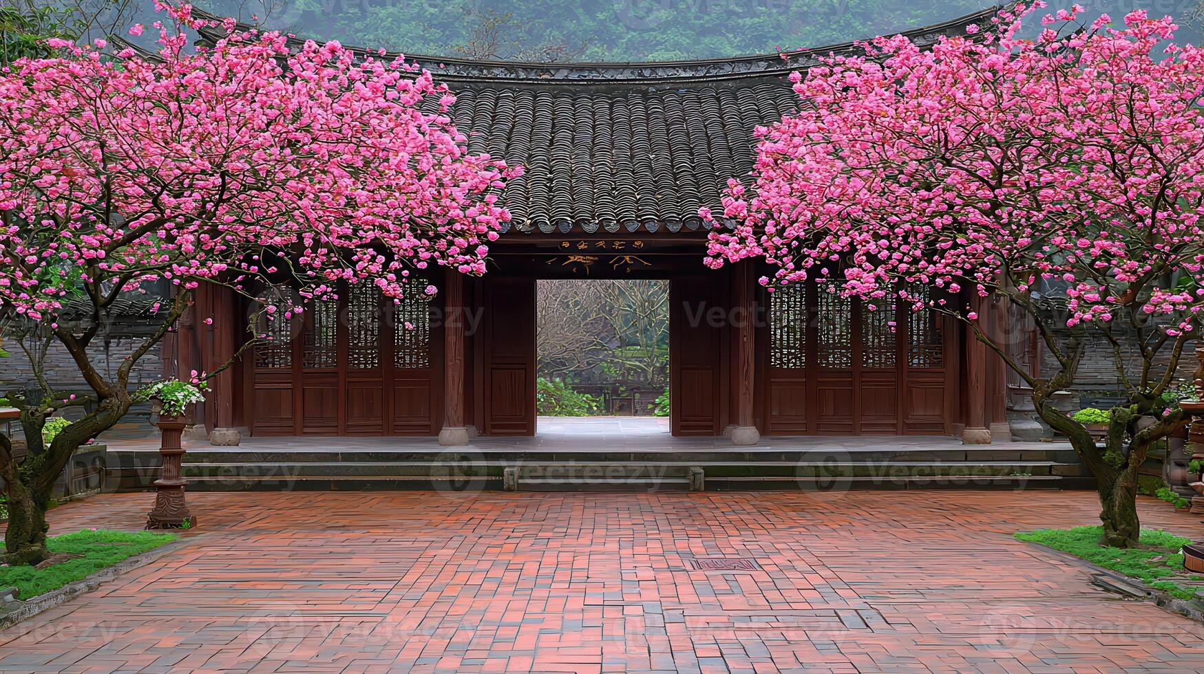 Serene Asian Courtyard with Blooming Pink Trees and Traditional Architecture photo