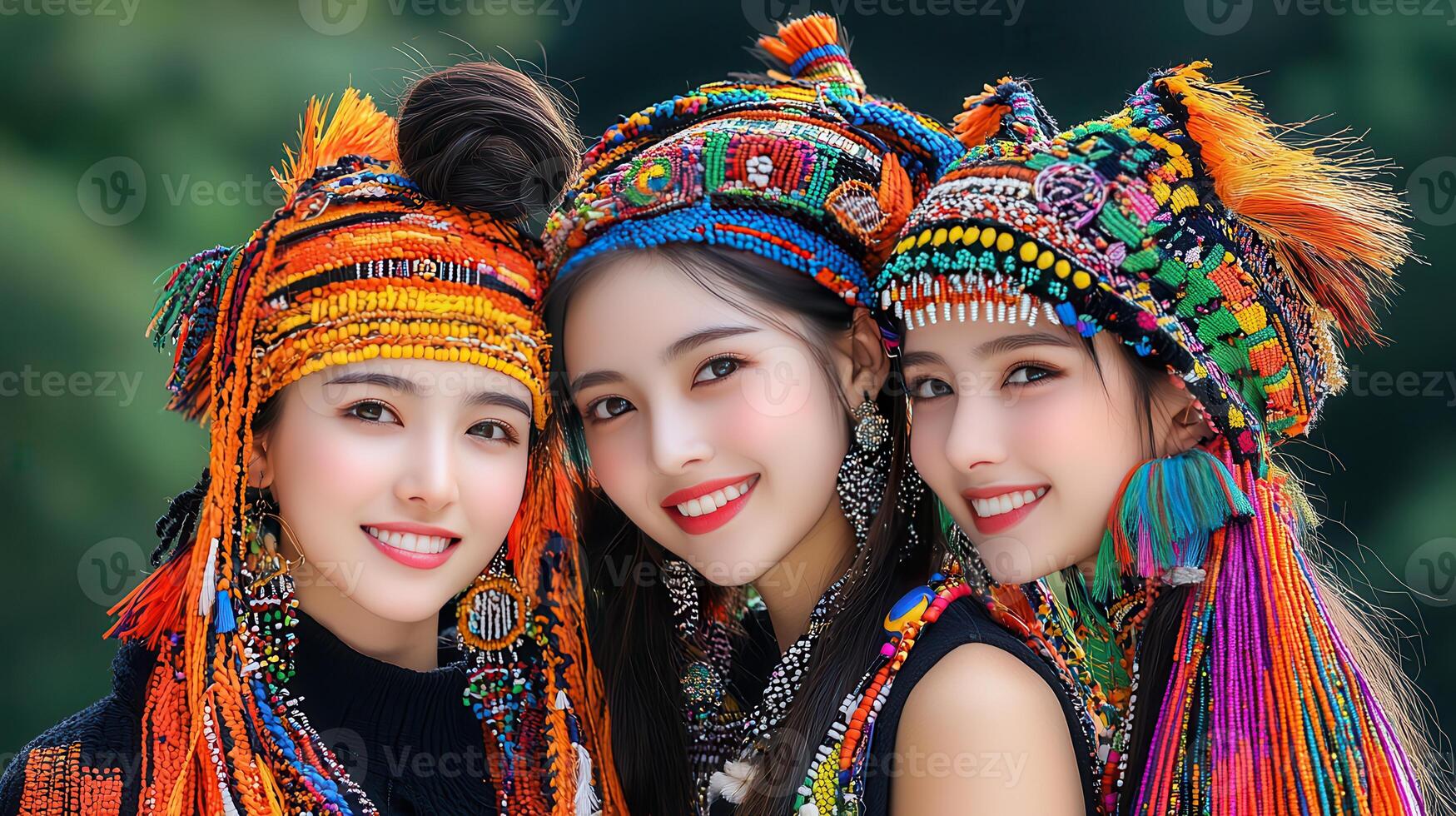 Three Young Asian Women in Vibrant Traditional Headwear Smiling for a Portrait photo