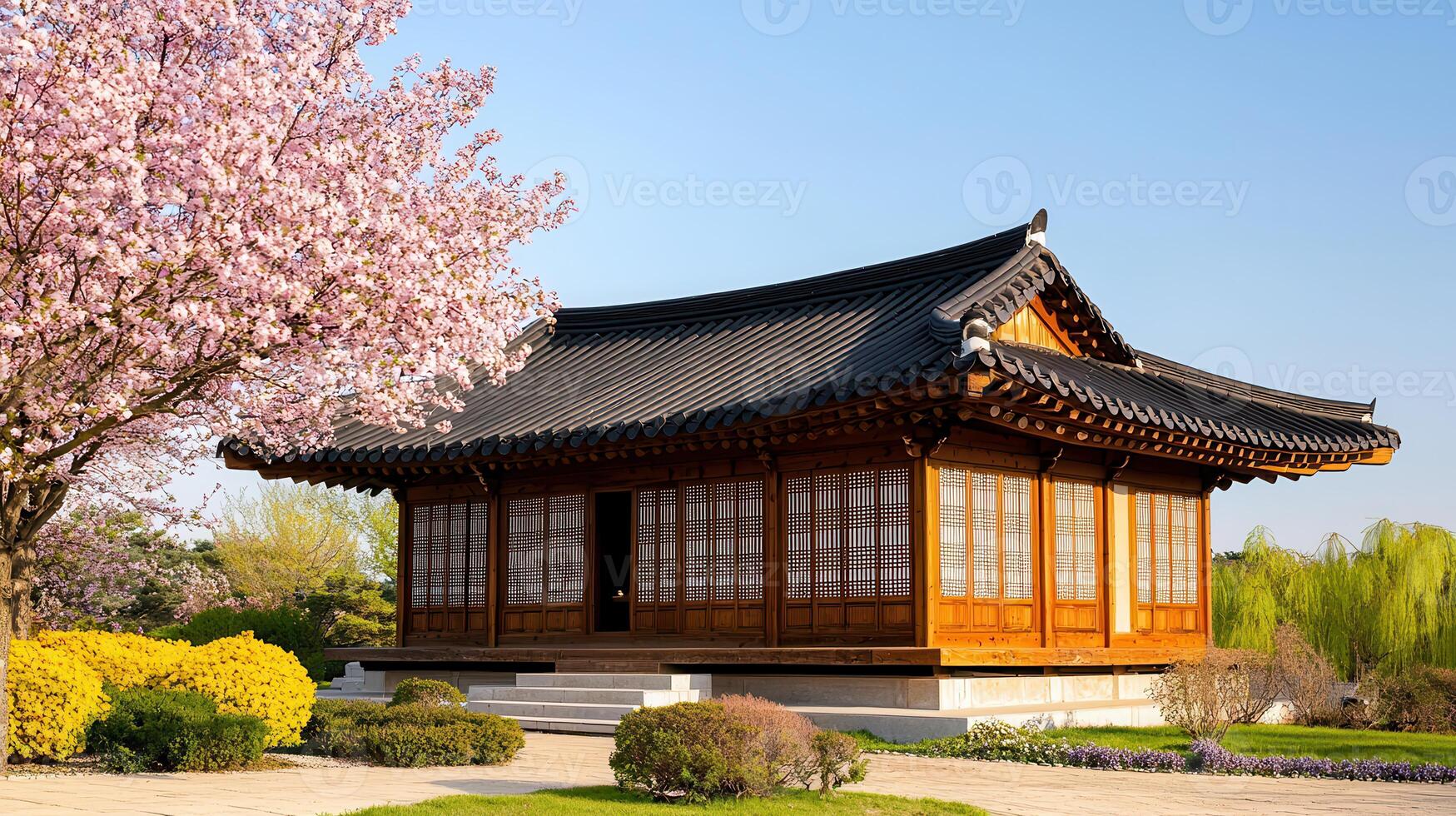 Traditional Korean Hanok House with Cherry Blossoms in Spring Peaceful Asian Architecture photo