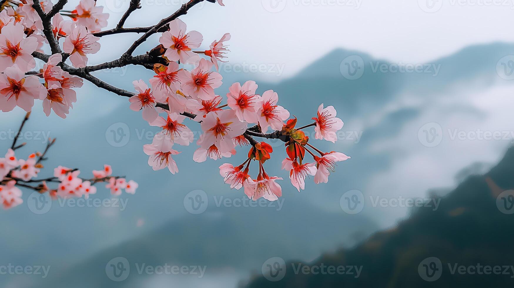 Delicate Pink Cherry Blossoms Branch Against Misty Mountain Landscape photo