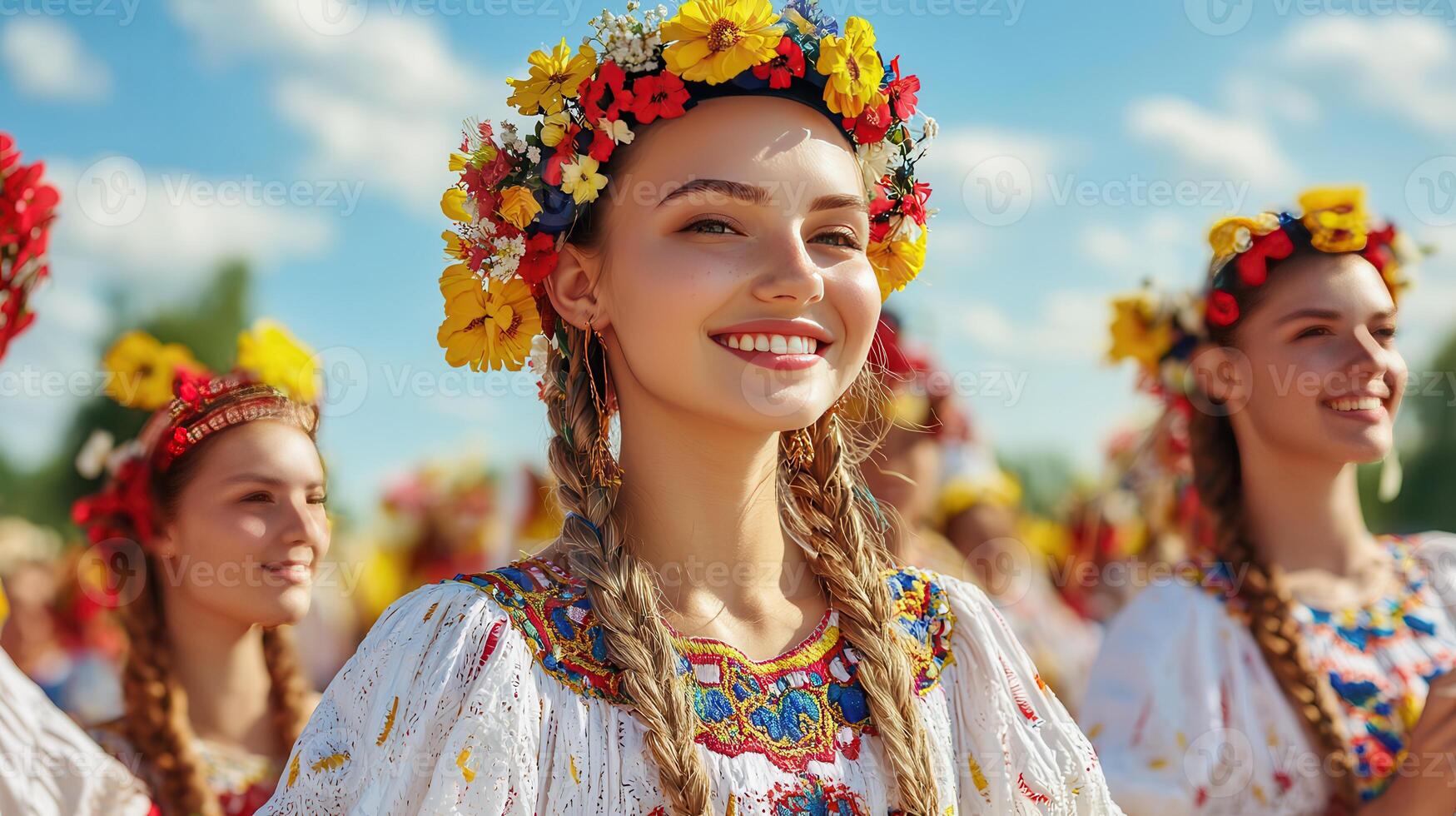 Beautiful Ukrainian Woman in Traditional Embroidered Dress and Flower Wreath Smiles Outdoors photo