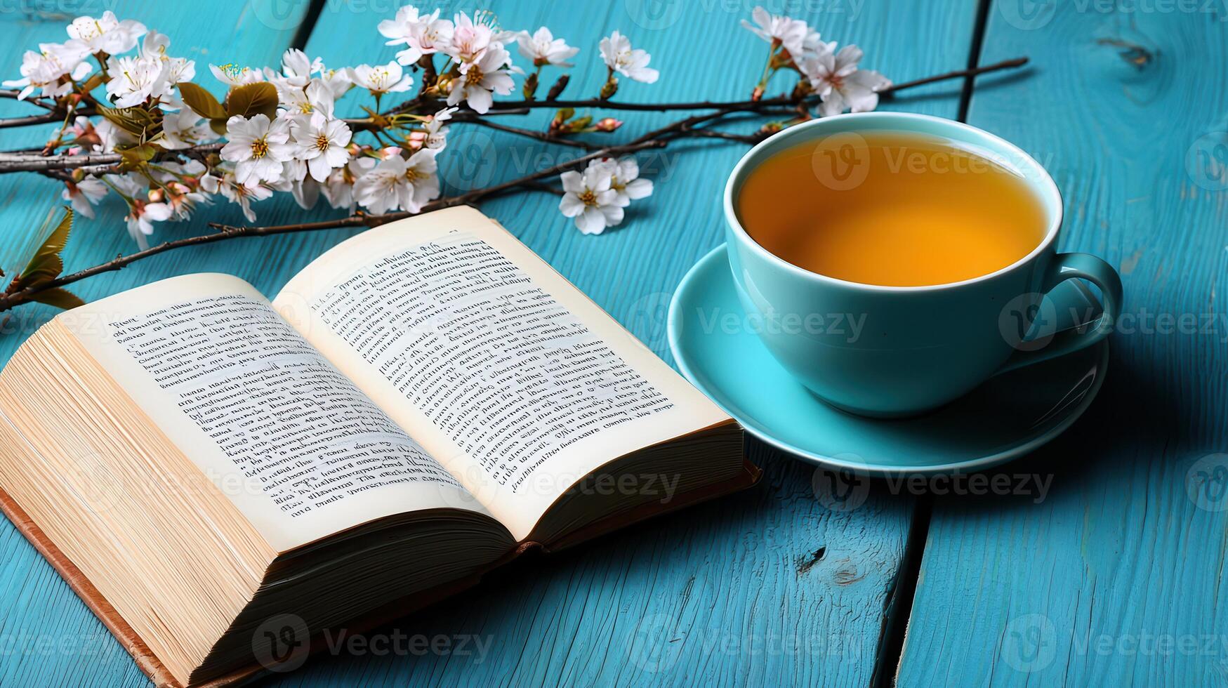 Serene Springtime A Cup of Tea with Open Book and Blossoming Branches on Rustic Wooden Table photo