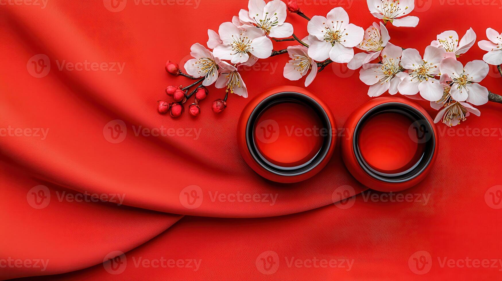 Red fabric background with two red cups and white plum blossoms Perfect for Chinese New Year or spring celebrations photo