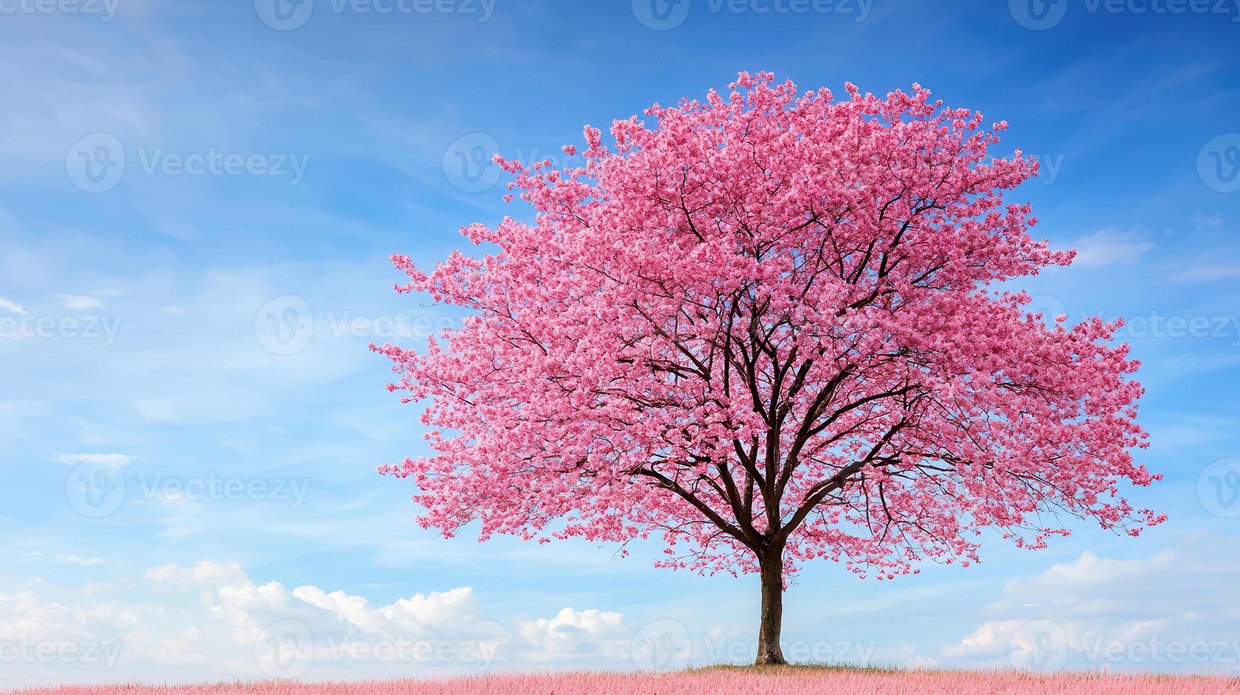 A Single Blooming Pink Cherry Tree in a Field under a Blue Sky Springtime Nature Scene photo