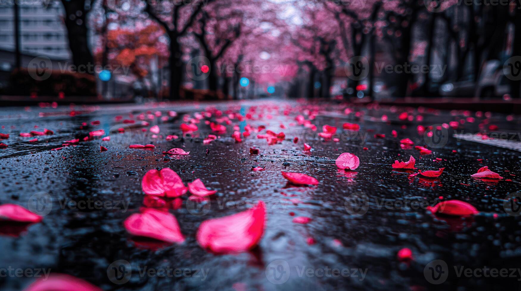 Pink petals scattered on a wet street after a rain shower under blossoming trees A beautiful spring scene photo