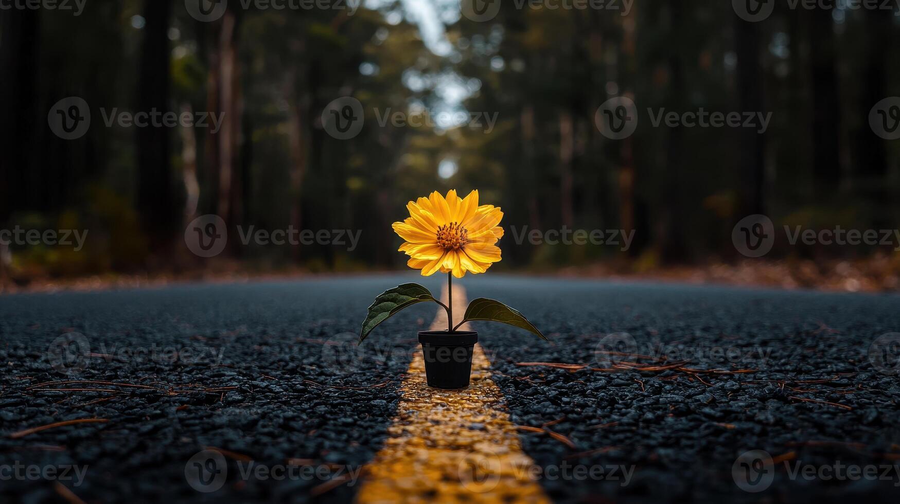 A single yellow flower in a small pot sits on the center line of a forest road A beautiful symbol of hope and resilience photo