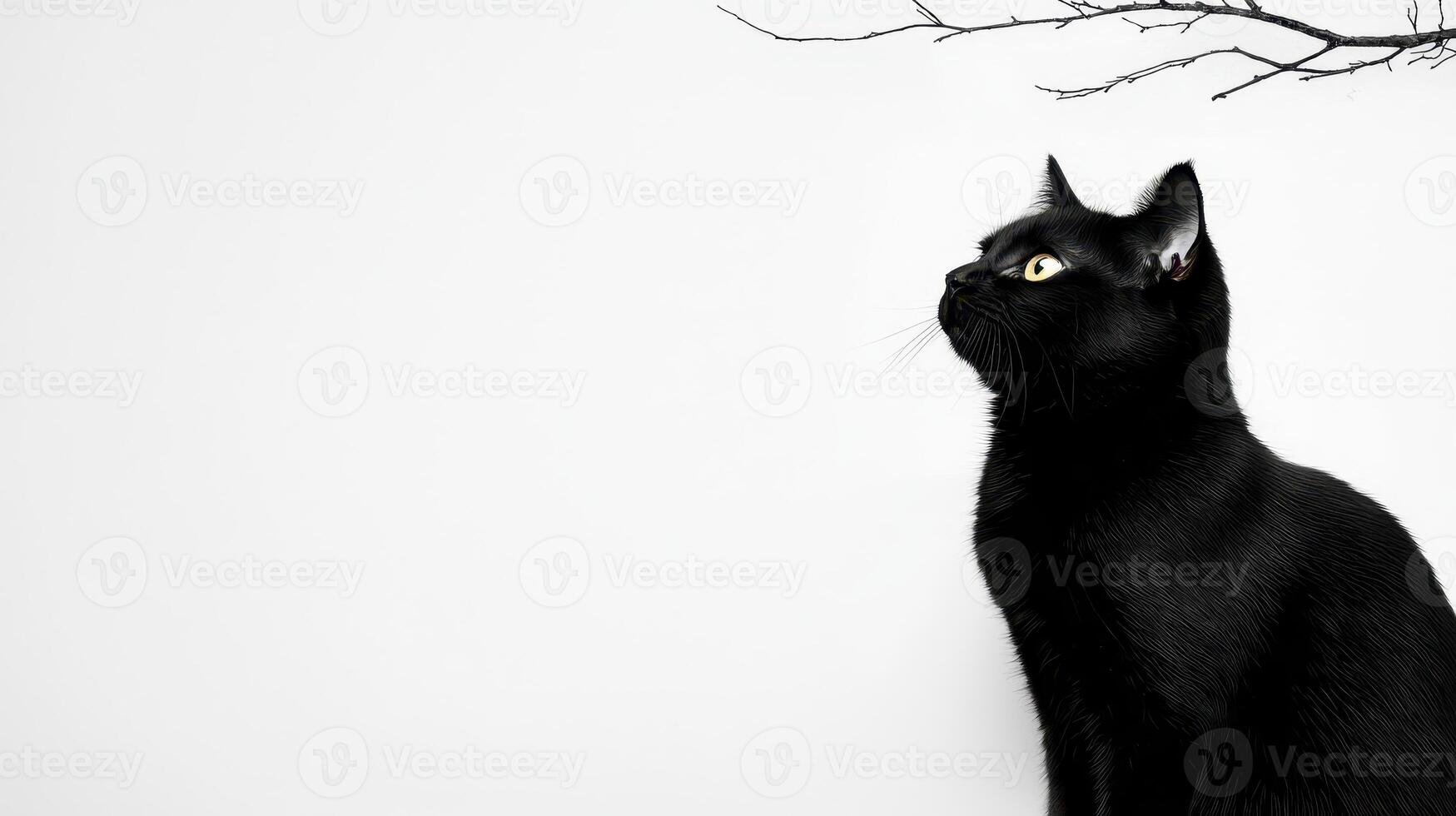 Elegant Black Cat Sitting Against White Background with Branch Overhead A Stunning Pet Portrait photo