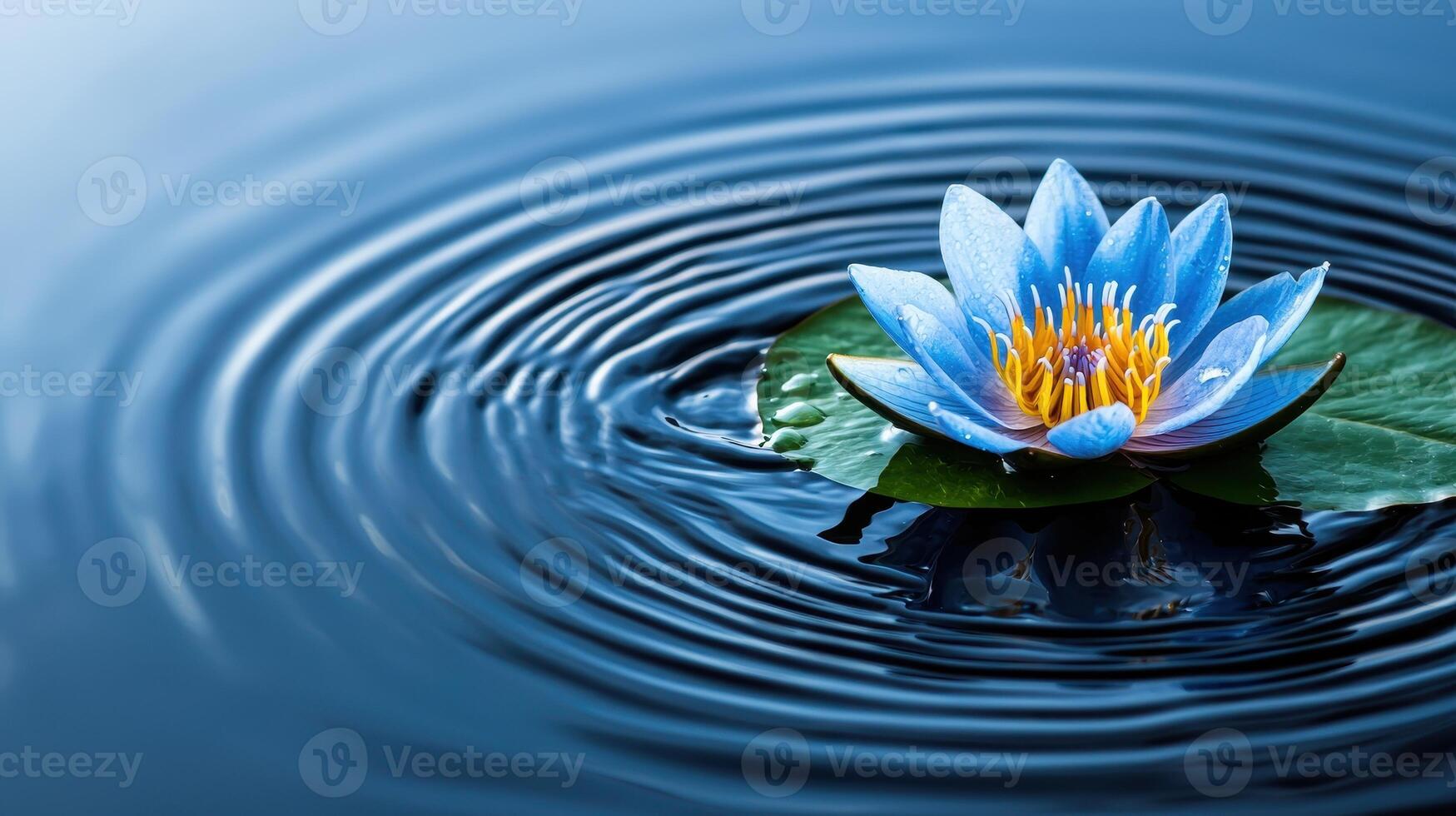 Serene Blue Water Lily Flower Blooming on a Calm Pond Surface with Gentle Ripples photo
