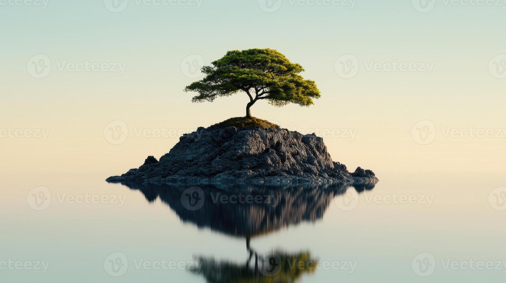 Serene Lone Tree on a Rocky Island in Calm Water at Sunset A Peaceful Nature Scene photo