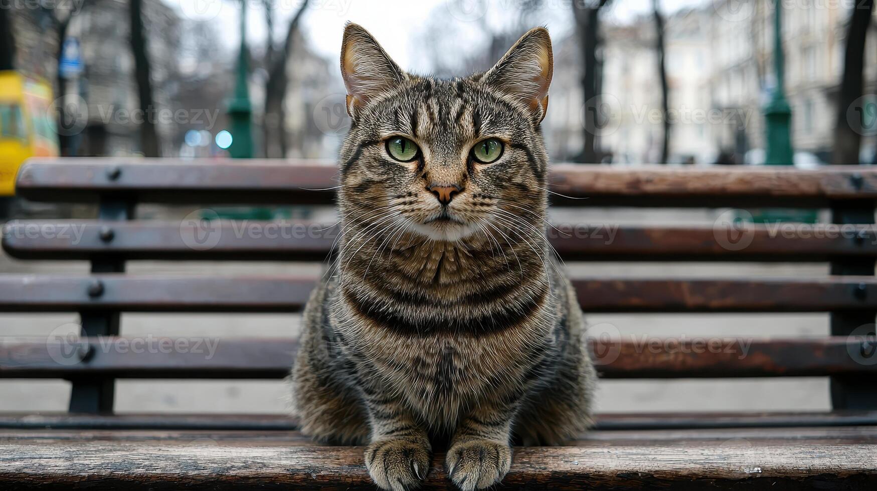Tabby Cat Sitting on a Wooden Park Bench on a Cloudy Day photo